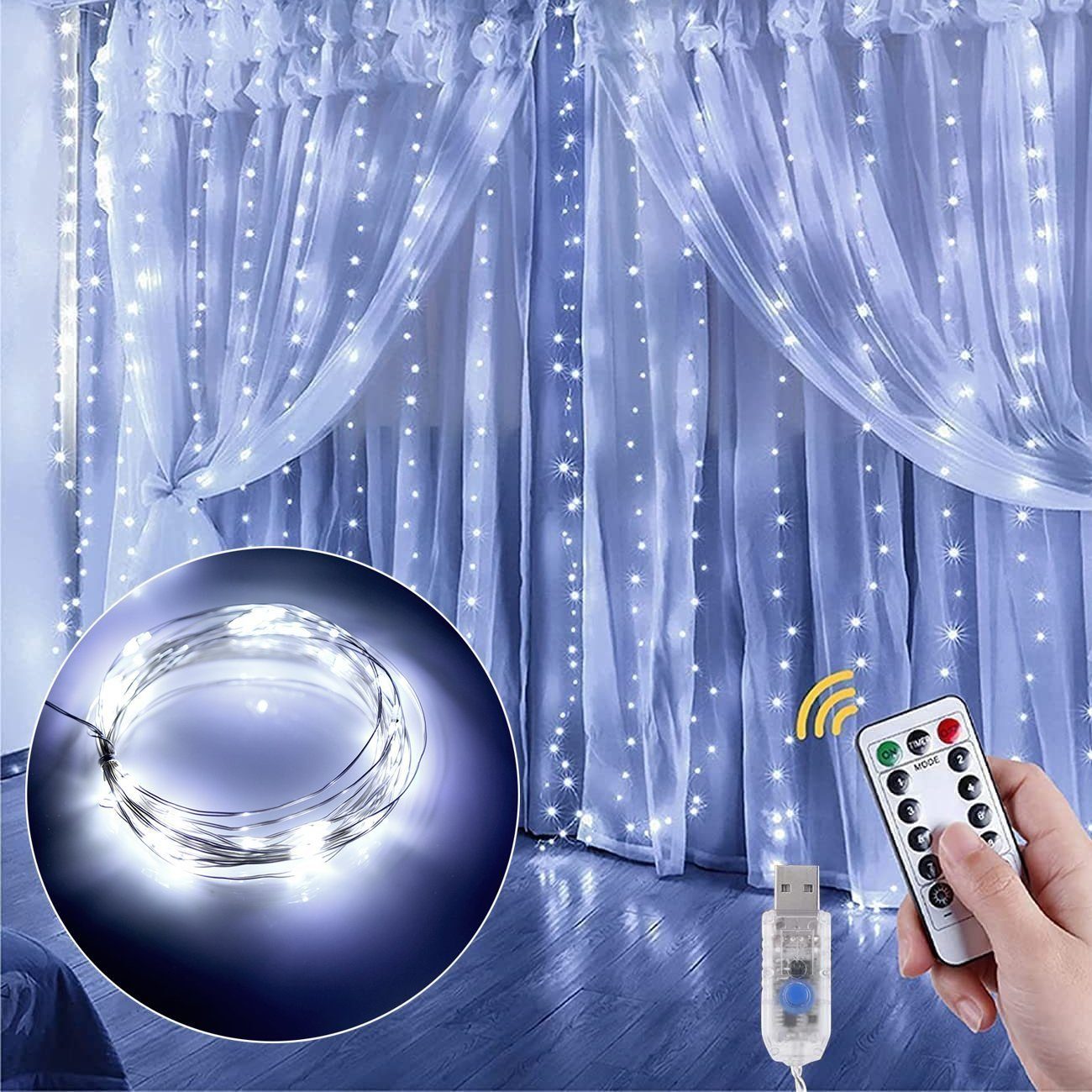 LETGOSPT Lichterkette LED Lichtervorhang, 3m 300 LEDs USB