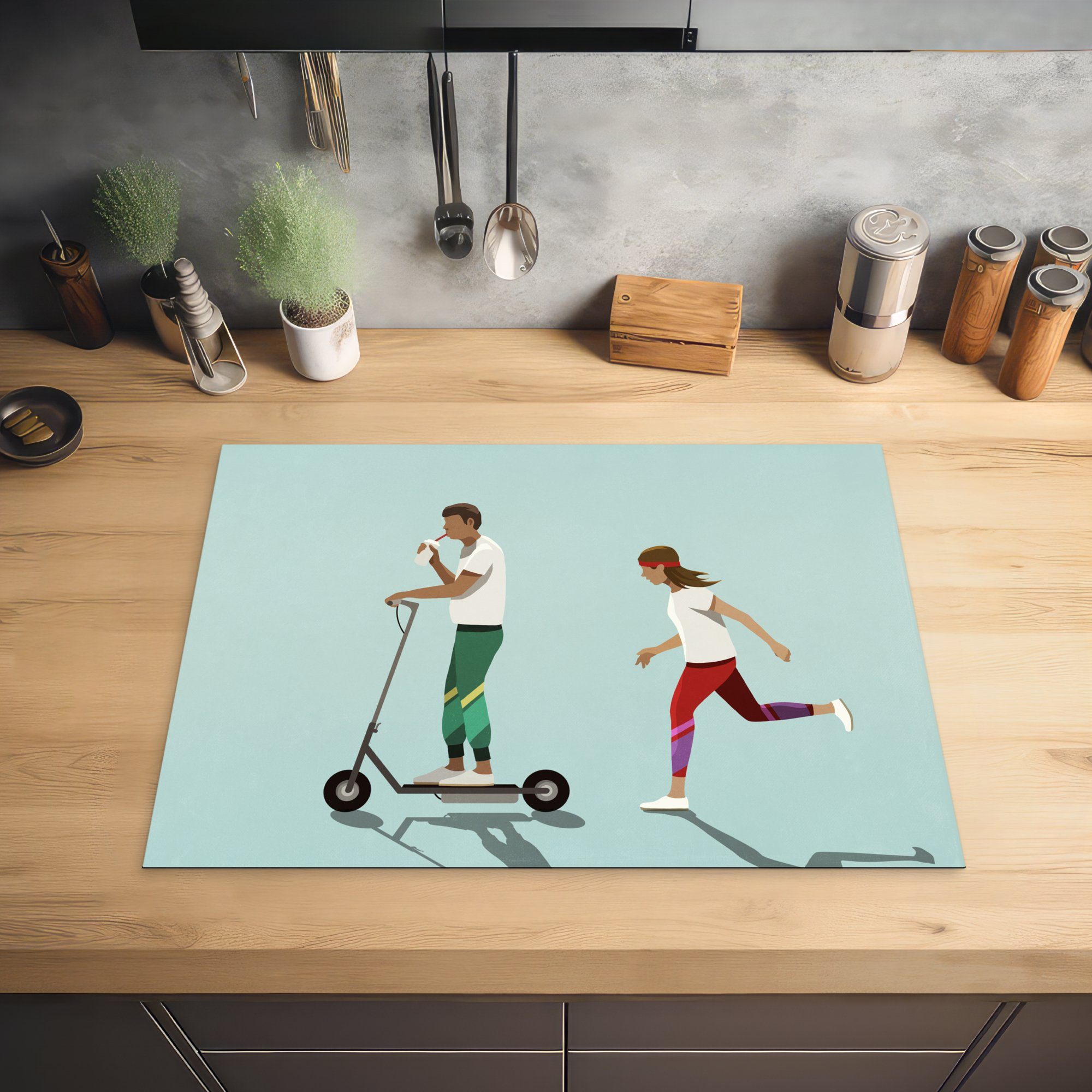 MuchoWow Herdblende-/Abdeckplatte Illustration eines Läufers, (1 und Arbeitsfläche Ceranfeldabdeckung einem 70x52 cm, Mobile tlg), Motorroller nutzbar, Mannes auf eines Vinyl