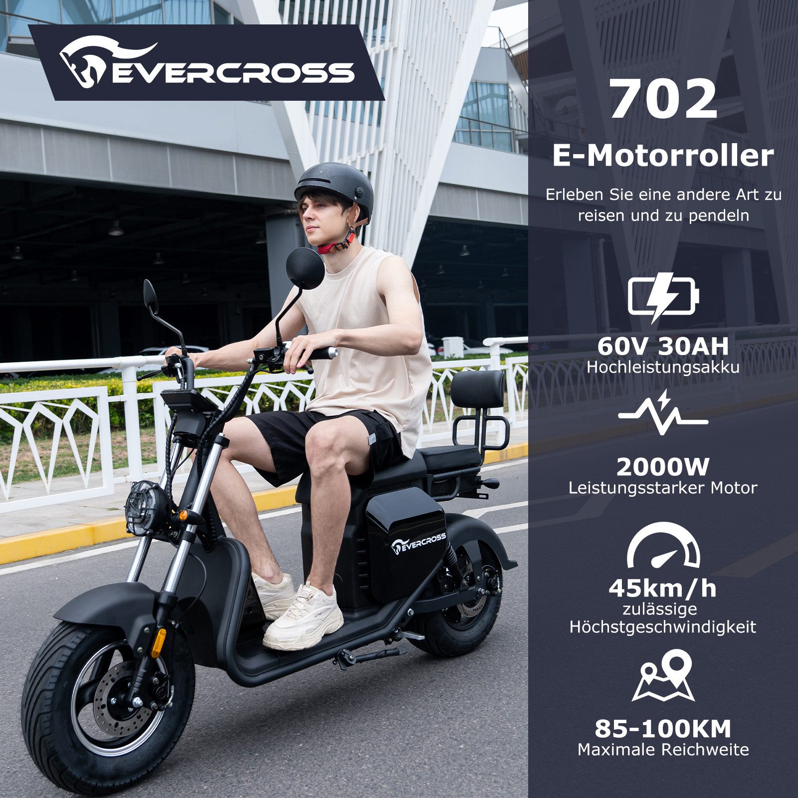 EVERCROSS TECH E-Motorroller 702, 60V-30Ah Lithium, AM-Führerschein, 2000 Watt, 85KM, 45 km/h, 2000,00 W, 45 km/h, LED-Anzeige, Blinker, Funkschlüssel, Alarmanlage, Doppelstoßdämpfer
