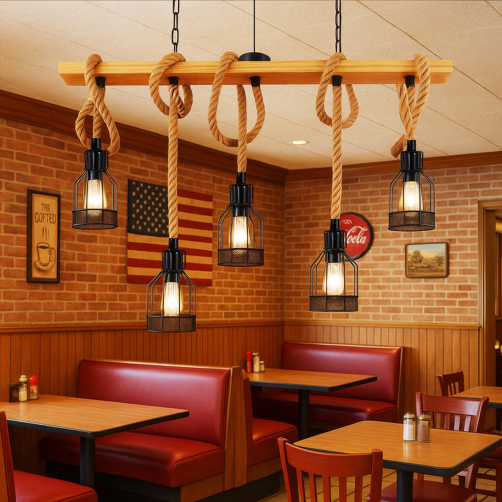 BlingBin Pendelleuchte Esstischlampe Holz Retro 5-flammig günstig online kaufen