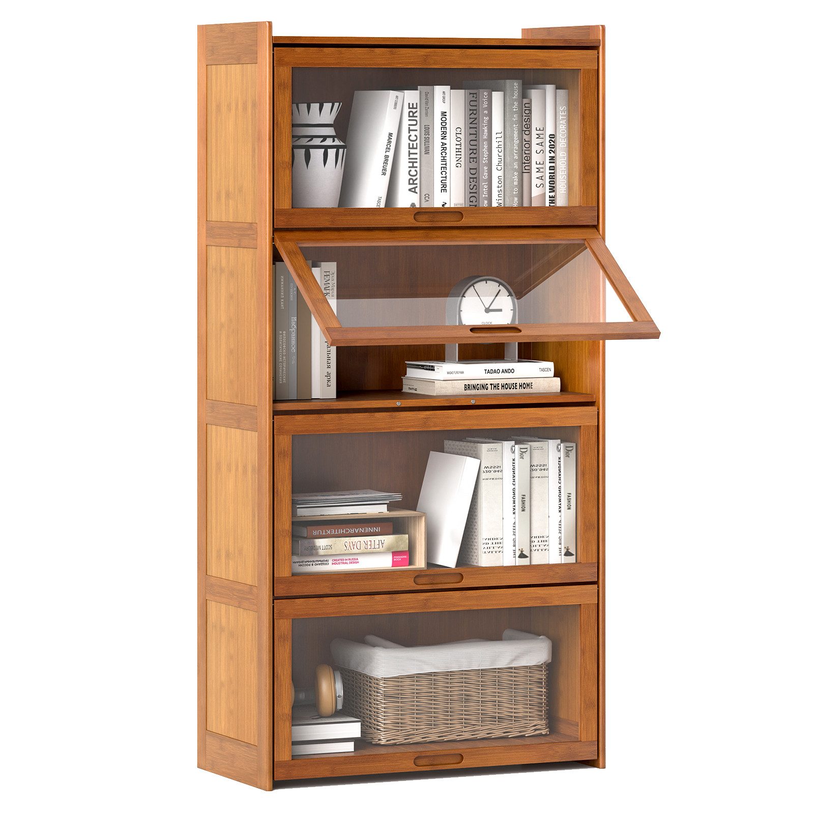 KOMFOTTEU Bücherregal, Vitrinenschrank aus Bambus, mit Türen