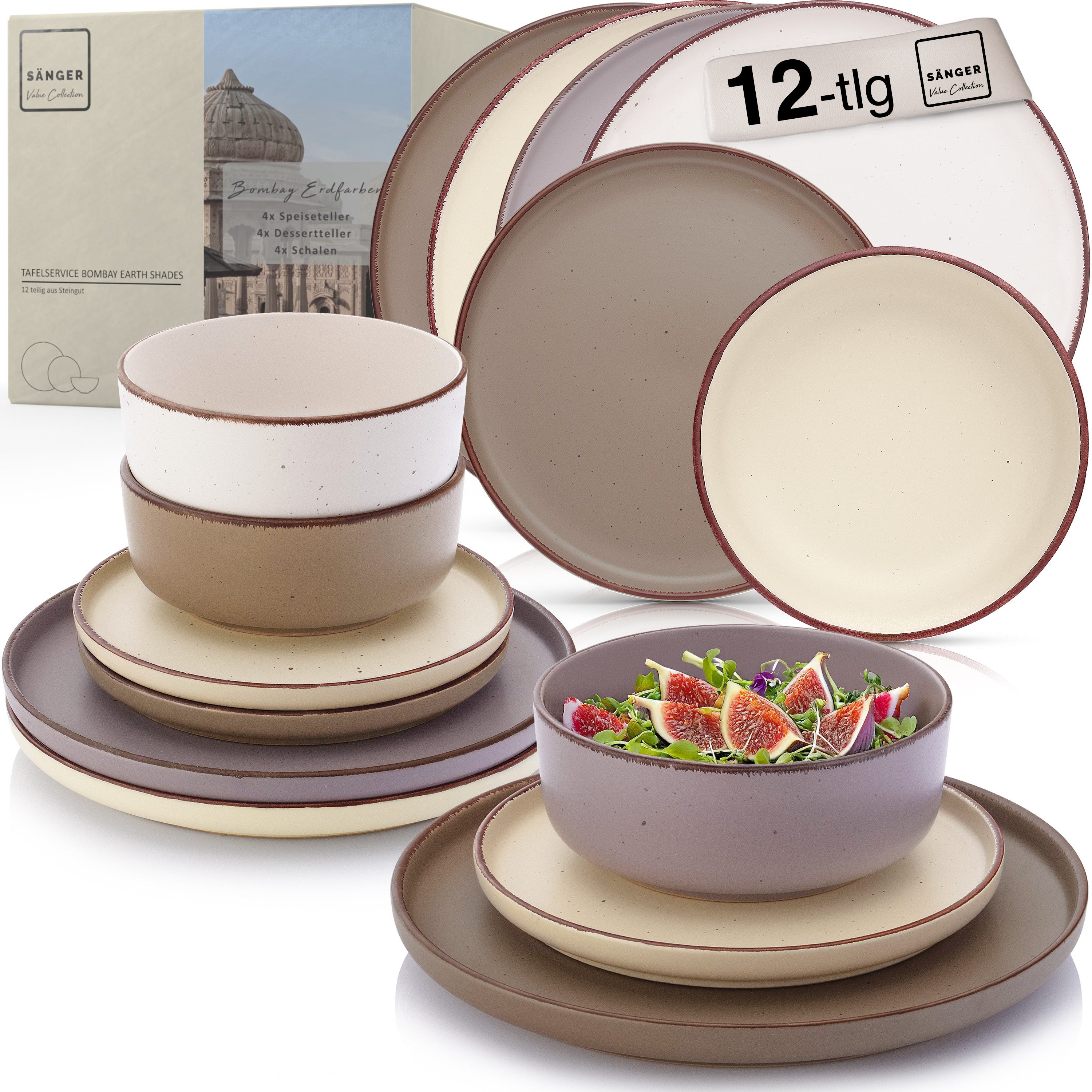 SÄNGER Geschirr-Set Bombay (12-tlg), 4 Personen, Steingut, Bombay Erdfarben, Handmade, Erweiterbar, VALUE COLLECTION