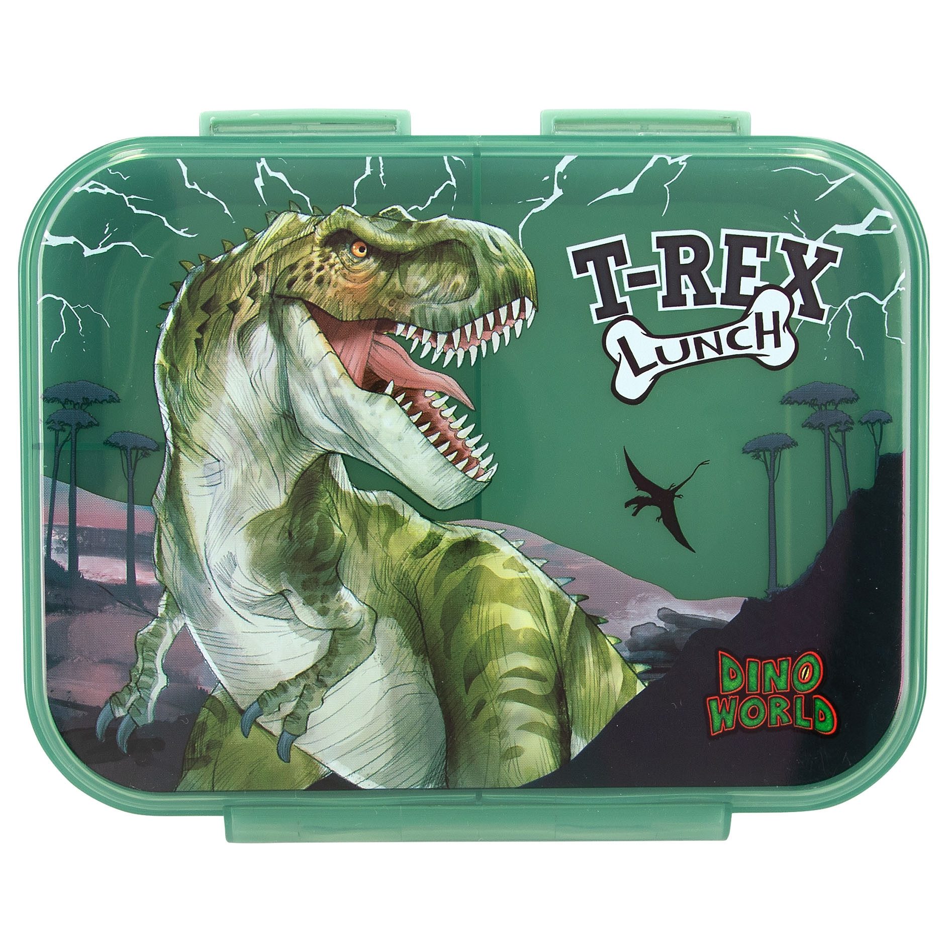 Depesche Schmuckset Brotdose Dunkelgrün mit Dino Motiv und 3 Fächern, Lunchbox, Transparenter Deckel, Dino World Reflector, mit Blitzen