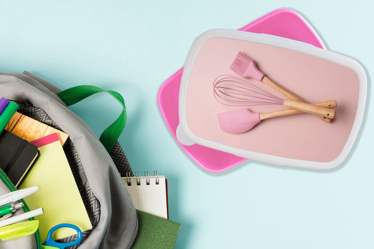 MuchoWow Lunchbox Küchenutensilien - Rosa Brotdose - Mädchen, Backen, (2-tlg), für Kunststoff Kinder, Snackbox, Erwachsene, Kunststoff, Brotbox
