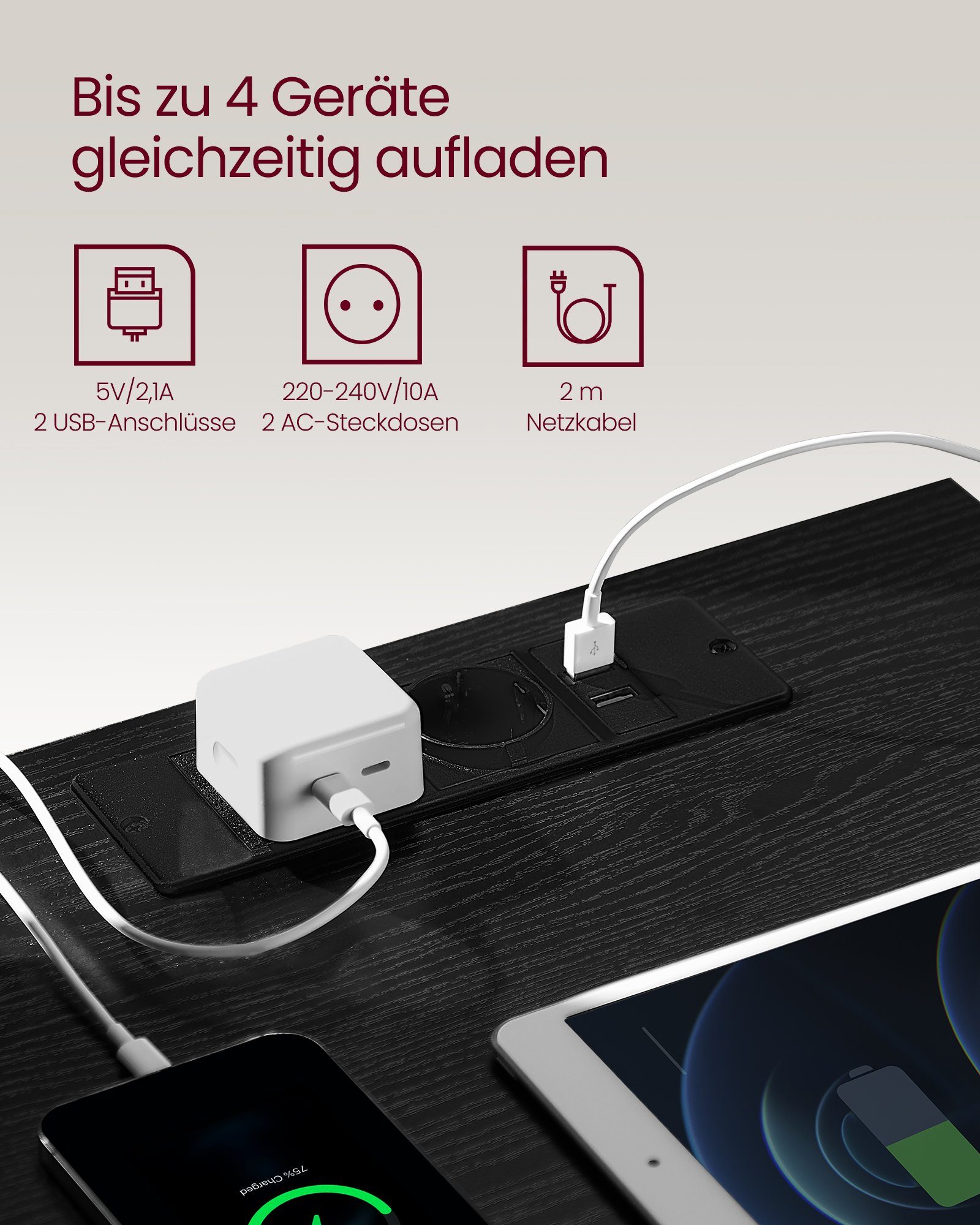 VASAGLE Nachttisch 3 Schubladen, abgeschrägte Kante, 2 AC-Steckdosen, 2 USB-Anschlüsse (2-St)