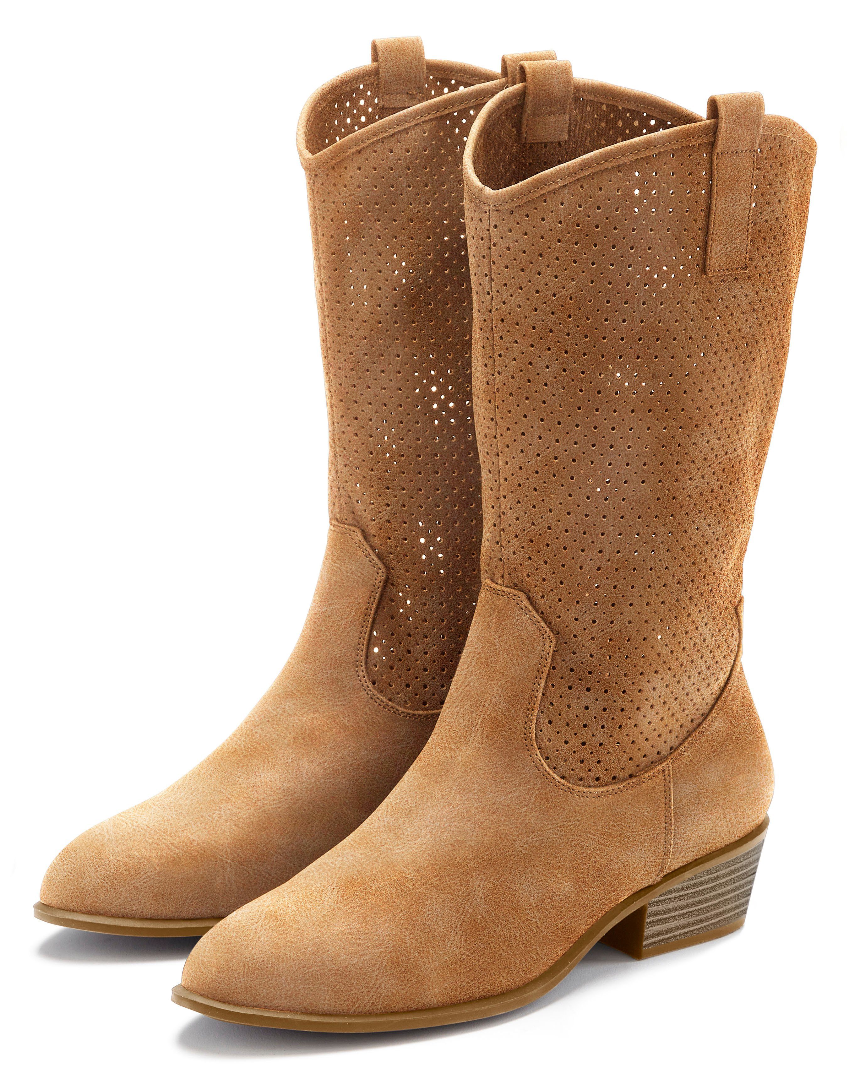 LASCANA Herbst Boots, Ankle Stiefelette, Schlupfstiefel, Cowboy-Stiefel, Westernstiefel mit kleinen Cut-Outs im Cowboy-Look