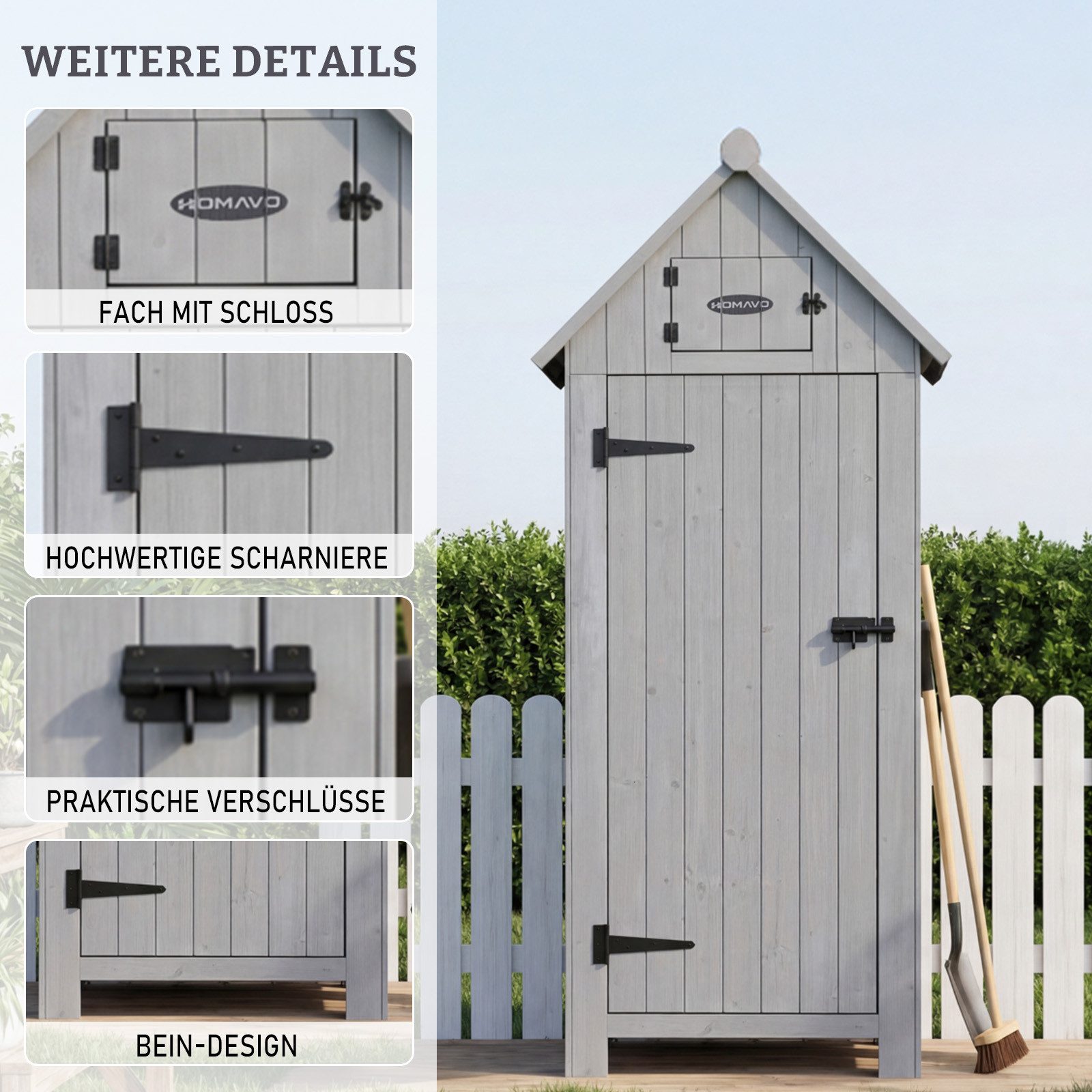 HOMAVO Gerätehaus Gartenschrank Werkzeugschrank Geräteschuppen Holzhäuschen, Outdoor-Schrank, Satteldach, mit 3 Einlegeböden, 77*54.3*179 cm