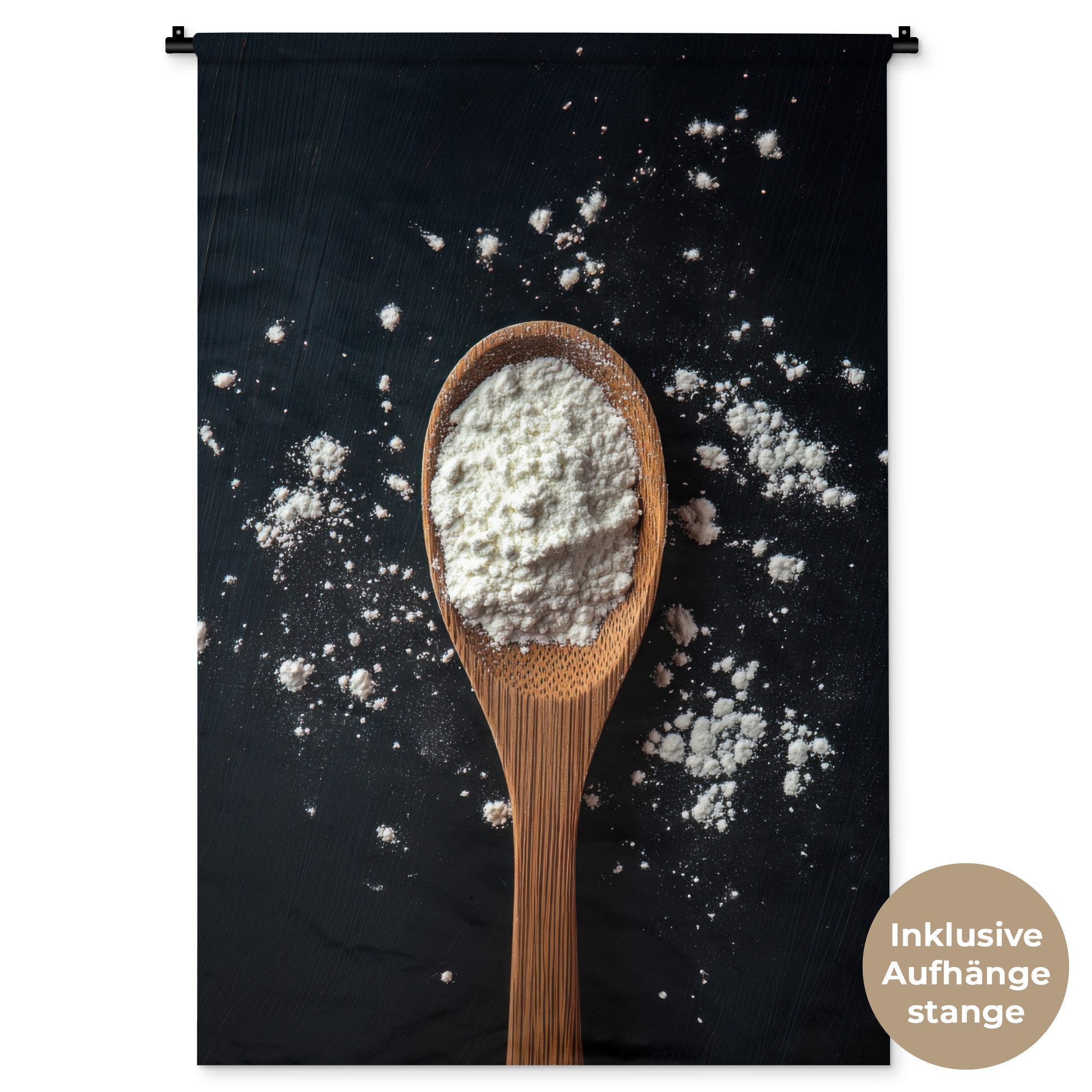 MuchoWow Wandteppich Mehl - Holz - Löffel, Rechteckig, Höhe: 3 mm, Wandtuch Wohnzimmer, Schlafzimmer, 90x135 cm