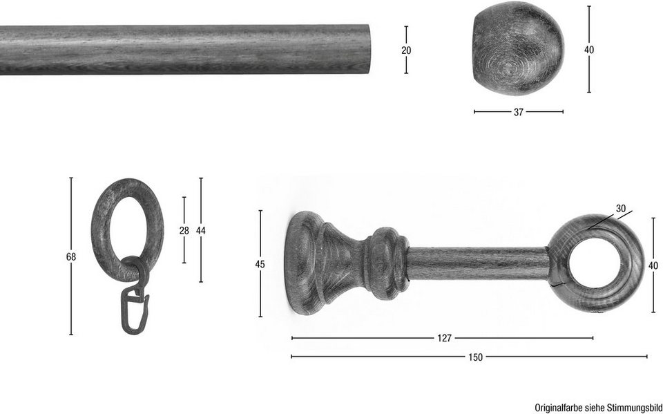 Gardinenstange BAROCK, GARESA, Ø 20 mm, 1-läufig, Wunschmaßlänge,  Vorhanggarnitur, reine Holzgarnitur, verlängerbar, mit Ringe