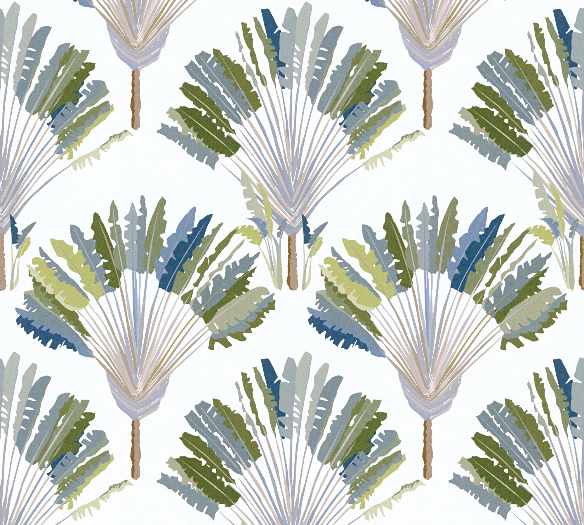 A.S. Création Architects Paper Vliestapete Jungle Chic, glatt, botanisch, floral, tropisch, Palmentapete Tapete Dschungel Federn grün/weiß/blau