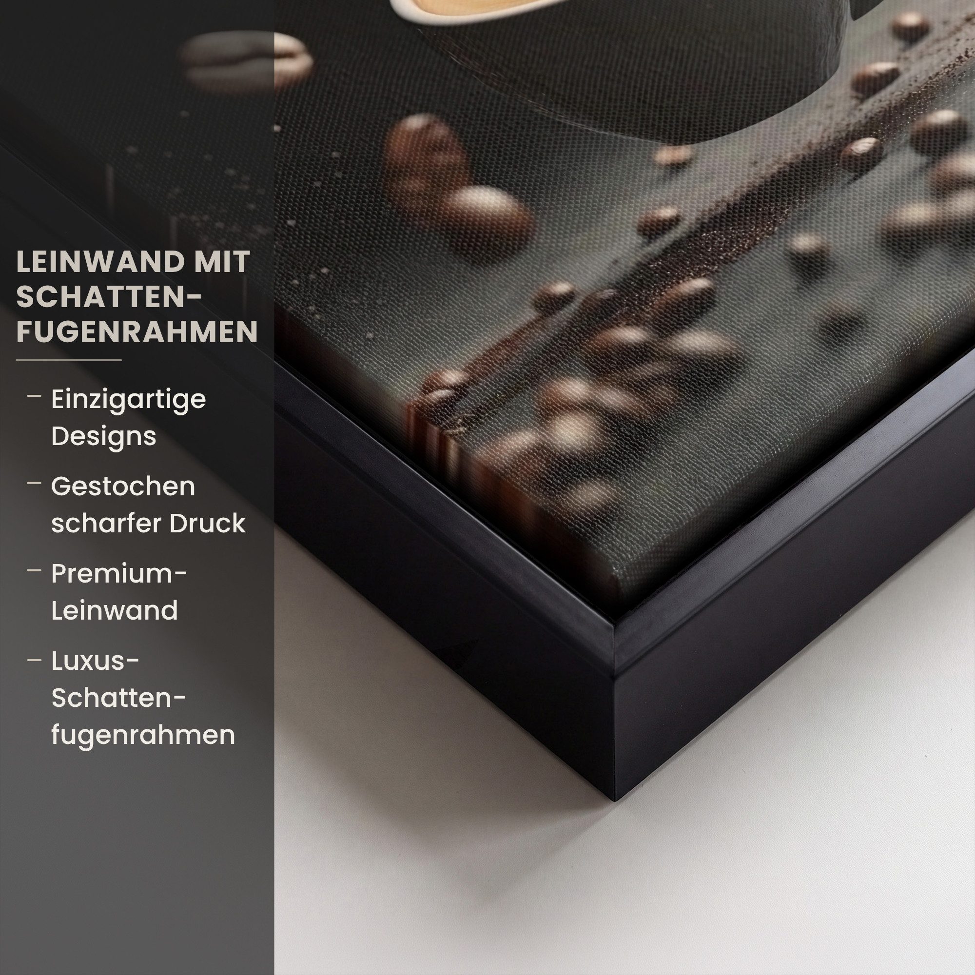 OneMillionCanvasses® Leinwandbild mit Rahmen - Cappuccino - Tasse - Bohnen - Braun, Fotodruck (1 St), Wandbilder für Esszimmer, Wanddeko Bilder Küche, 20x20cm – Bild 3 von 5