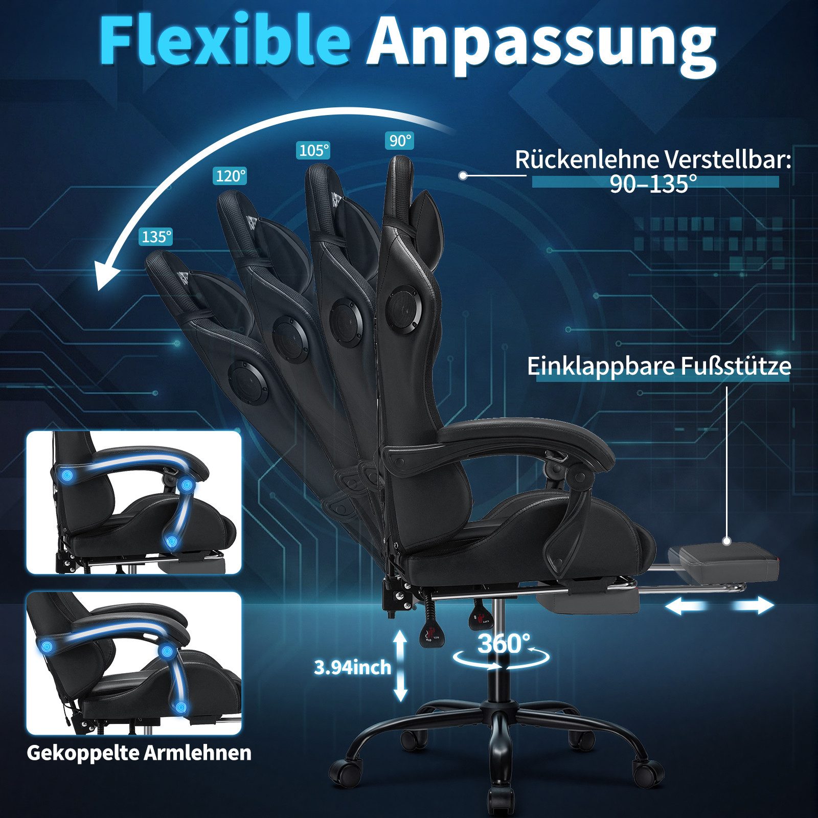 AUDEW Gaming-Stuhl 338 LED RGB Ergonomisch Bürostuhl mit Fußstütze und Lendenkissen (90°–135° verstellbare Rückenlehne, 10cm Sitzhöhe verstellbar), Computerstuhl Maximale Belastbarkeit: 160kg
