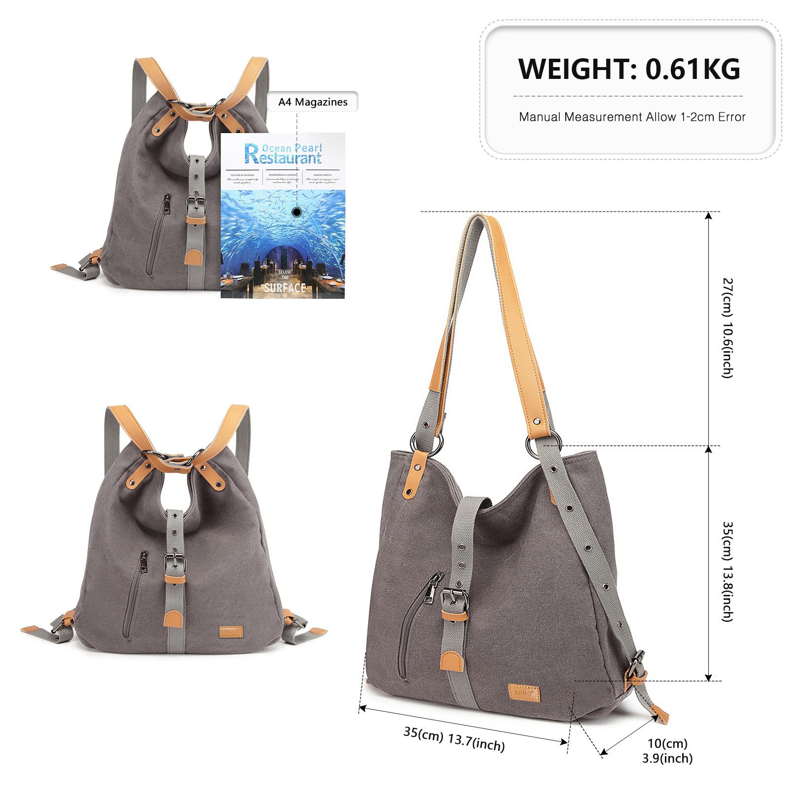 KONO Handtasche Canvas Handtasche 2 in 1 Canvas Verstellbare Schultergurte günstig online kaufen
