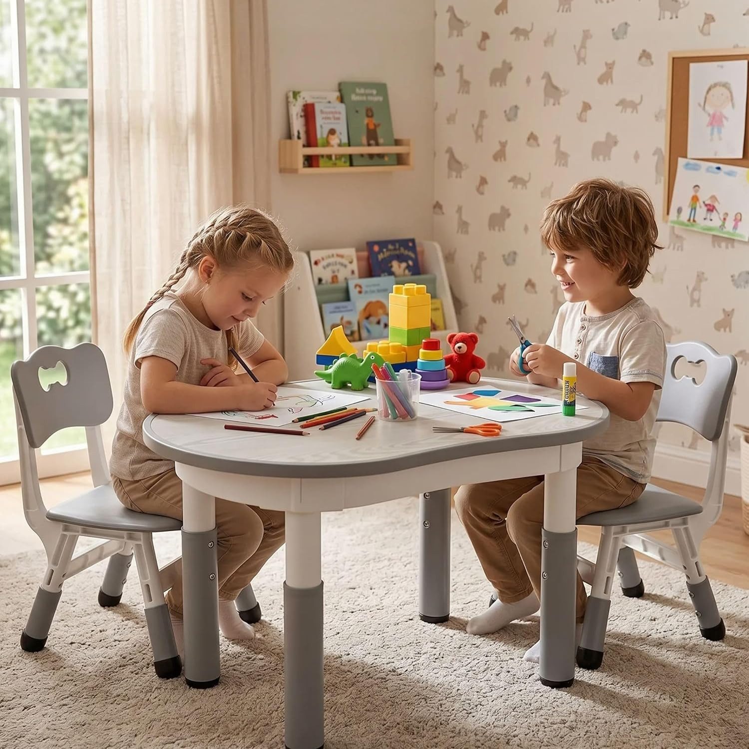 TLGREEN Kindertisch Kindersitzgruppe Höhenverstellbar, Maltisch Kinder Tisch Stuhl Set (Kindertisch und Stuhlset für Essen Spielen), Maltisch für Klassenzimmer Kindergärten