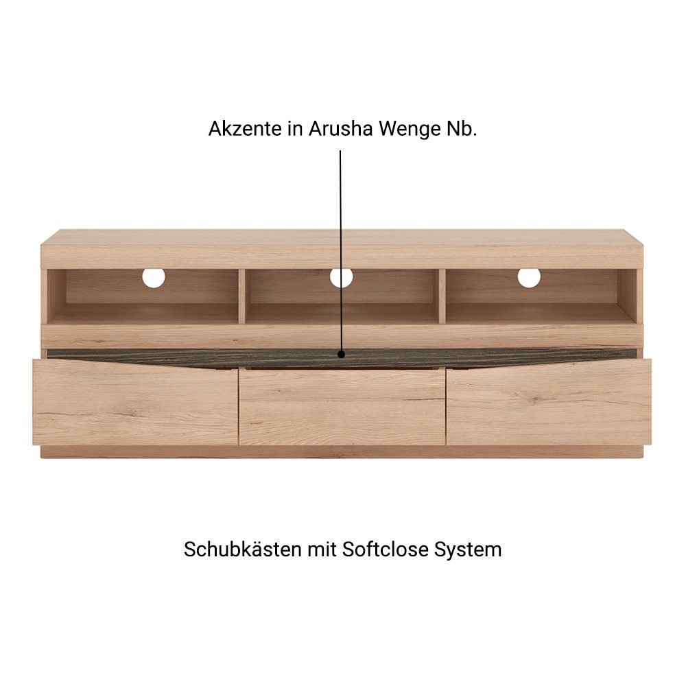 Lomadox Wohnwand SANFORD-129, (3-St), San Remo Eiche hell Nb., TV Wand mit Beleuchtung, 220/196,5/40 cm