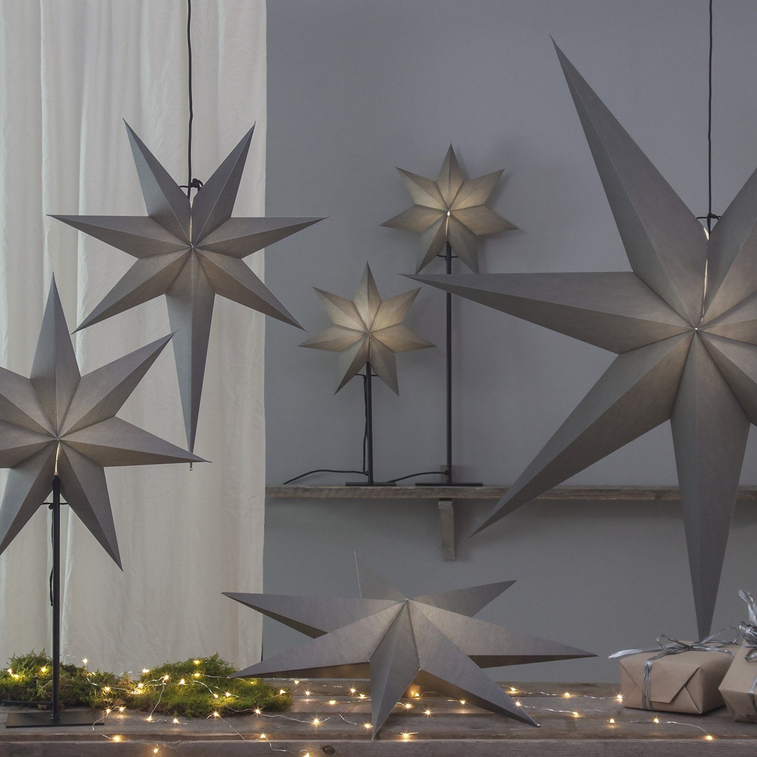STAR TRADING LED Stern Papierstern Leuchtstern Faltstern 7zackig hängend 100cm mit Kabel grau