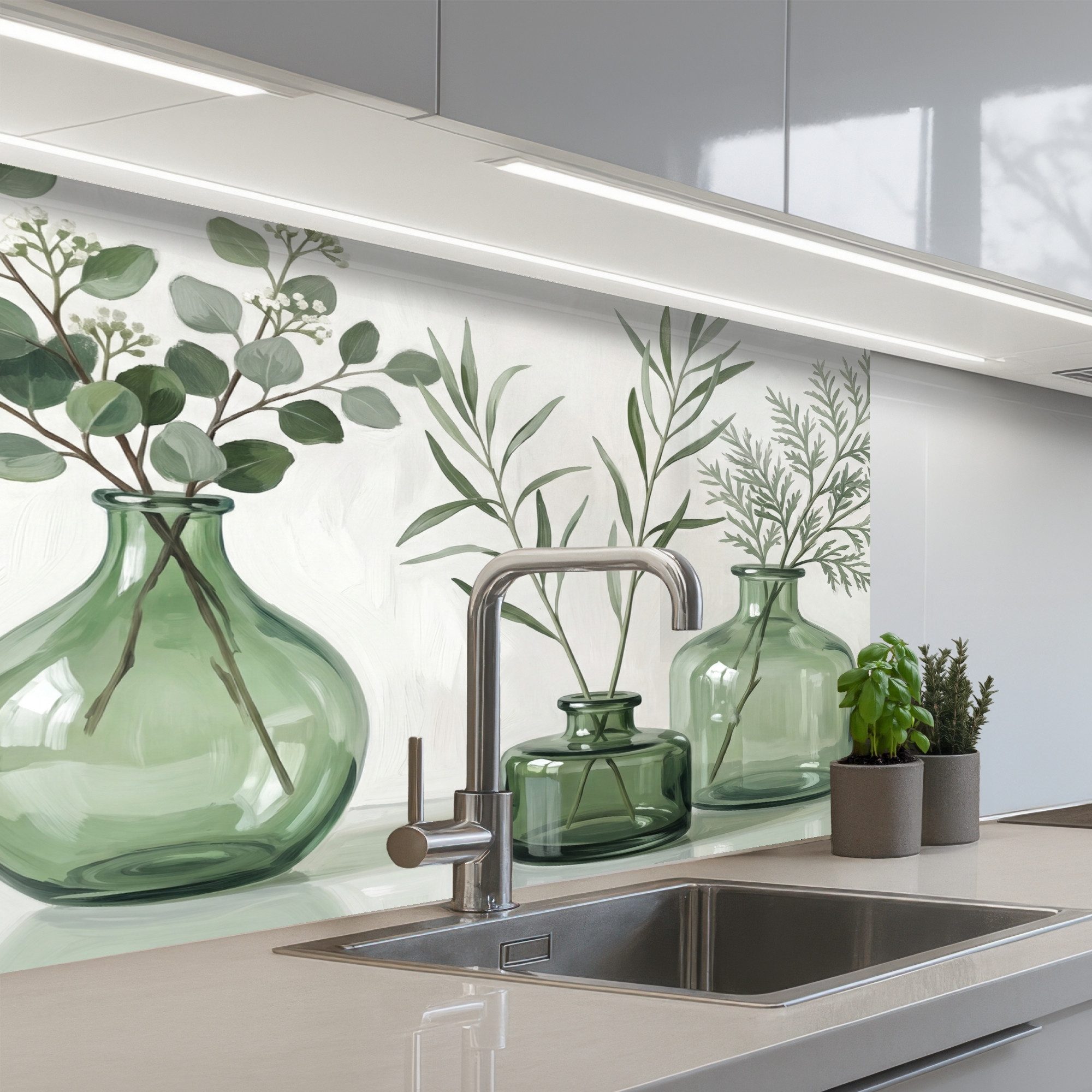 KitchenYeah Küchenrückwand selbstklebend (keine Folie) Vasen - Blätter - Grün, (1-tlg), Spritzschutz, Küche, Rückwand, Küchenwand, Küchenfront, 80x60 cm