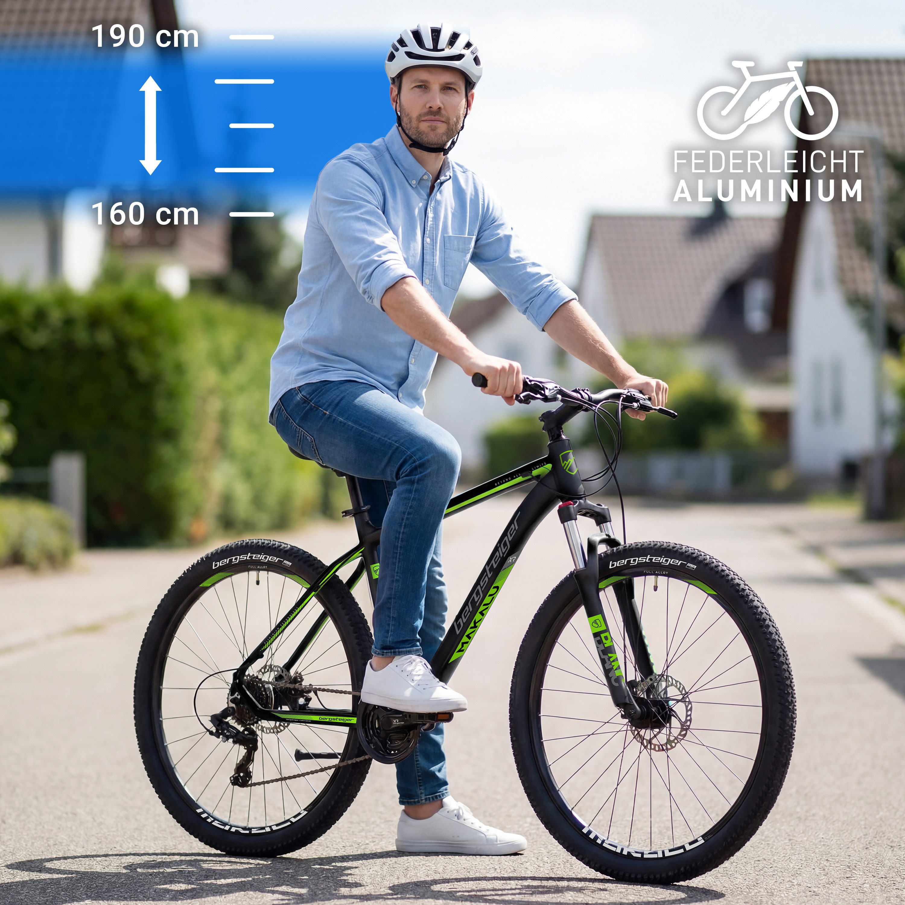 bergsteiger Mountainbike Makalu 26, 29 Zoll Mountainbike Alu, geeignet ab 150 cm, Damen, Herren, 21 Gang Shimano Tourney RD-TY300 Schaltwerk, Kettenschaltung, Scheibenbremsen