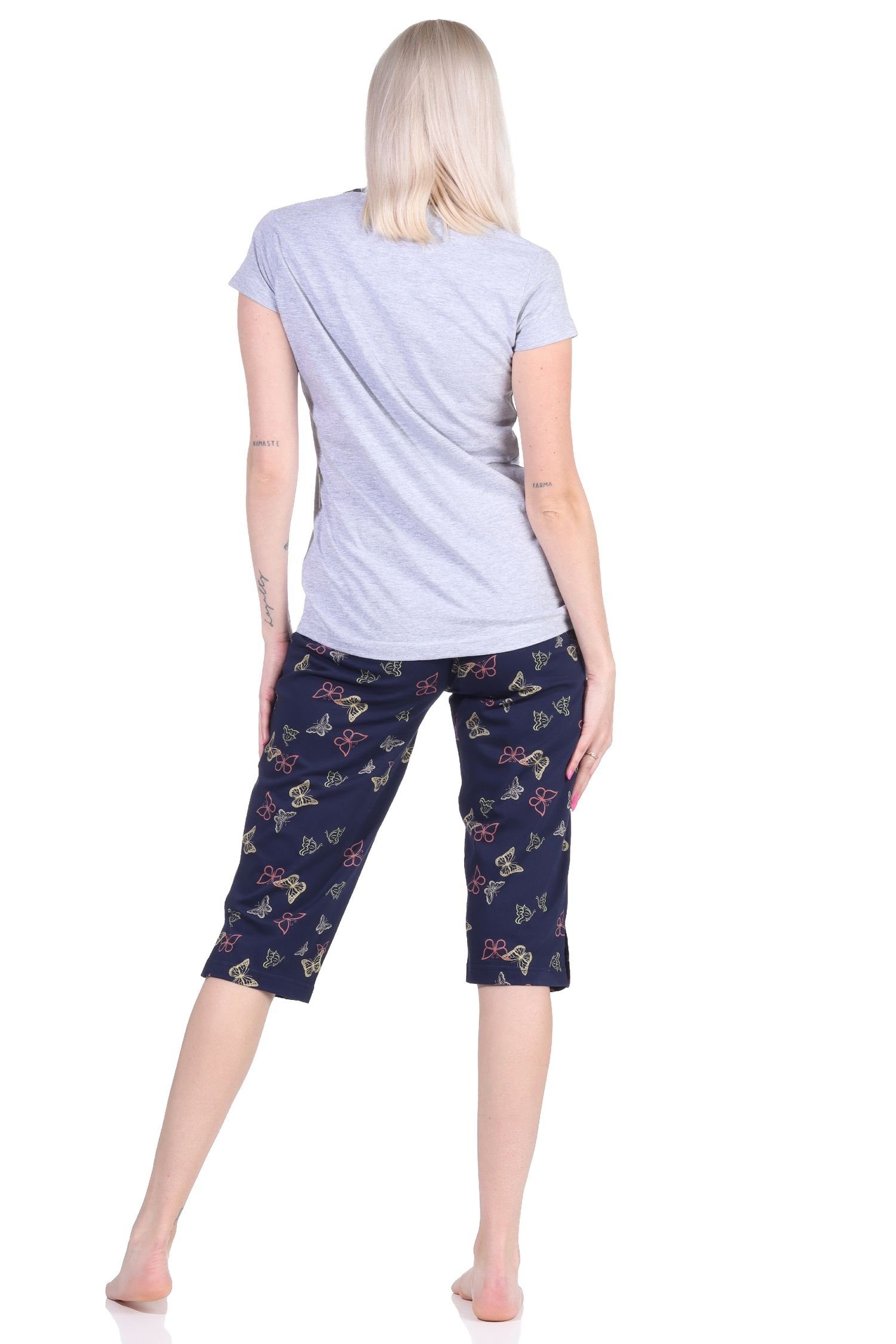 Schlafanzug Capri grau-melange als Pyjama Damen Motiv Normann kurzarm Schmetterling mit