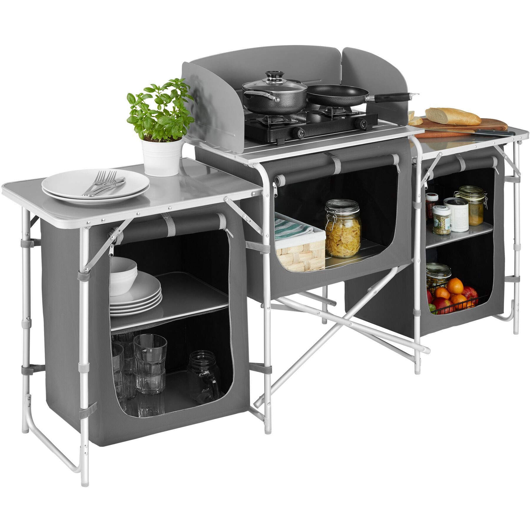 tectake Campingtisch Campingküche XXL mit Aluminiumgestell und 5 Fächern (Outdoor küchenausstattung, 1-St., in Grad), Hitzebeständige Arbeitsplatte mit Windschutz