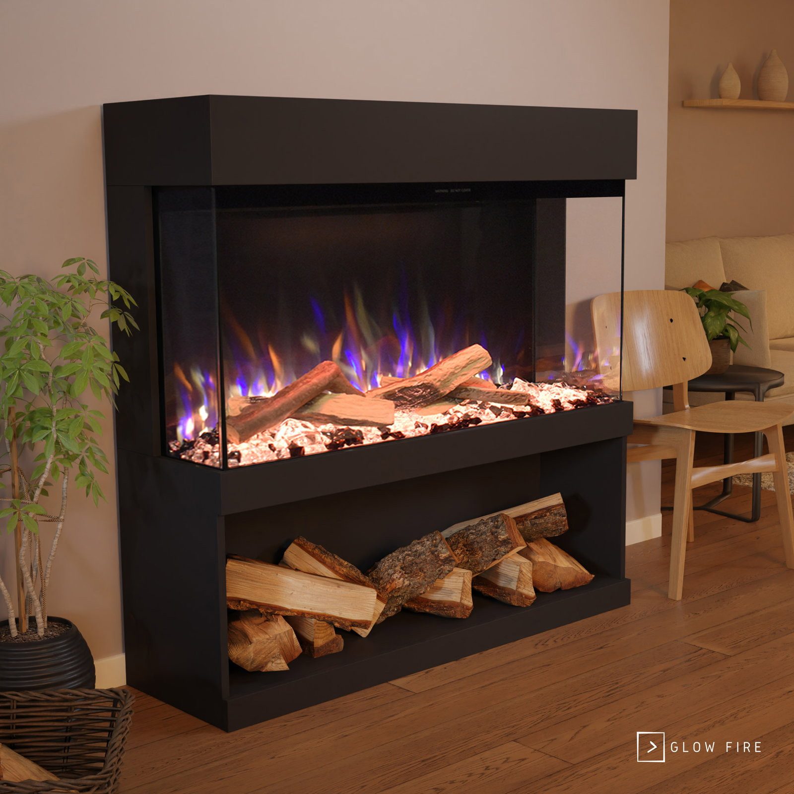 GLOW FIRE Elektrokamin PR17 E-Motion 3D, Elektrischer Kamin mit 3D Feuer mit Heizung, täuschend echte Flamme mit Heizung, 3 Dekorationen