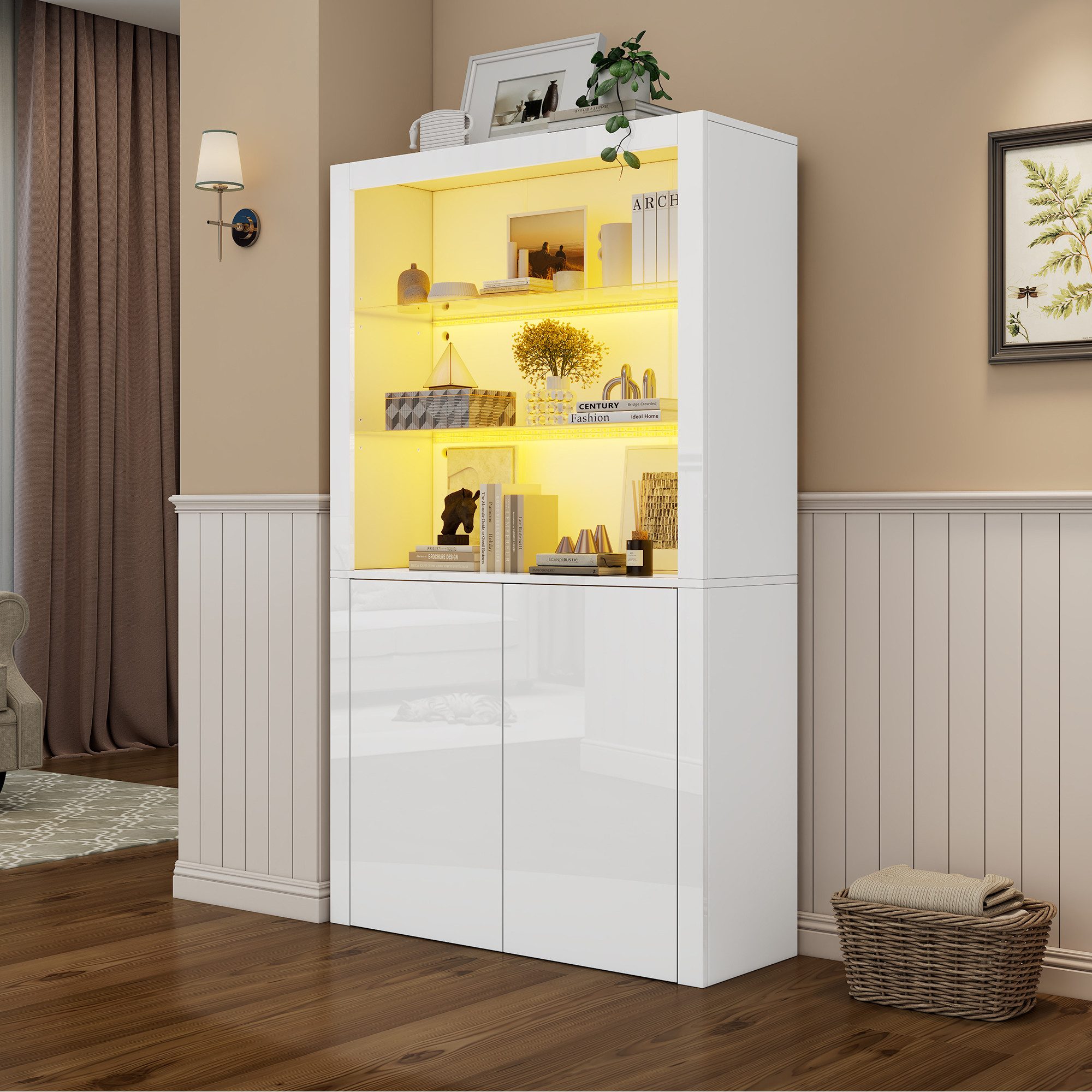 BlingBin Vitrine Hochglanz-Aufbewahrungsschrank, Vitrinenschränke mit LED-Leuchten (Sofa-Sideboard mit 2 Türen und 3 Offene Fächer, Displayschicht aus gehärtetem Glas, 1-St., Gesamtgröße: 100*35*170cm, Produktladung: 80KG) Vertikaler Hochschrank für Wohnzimmer Esszimmer, MDF, Weiß