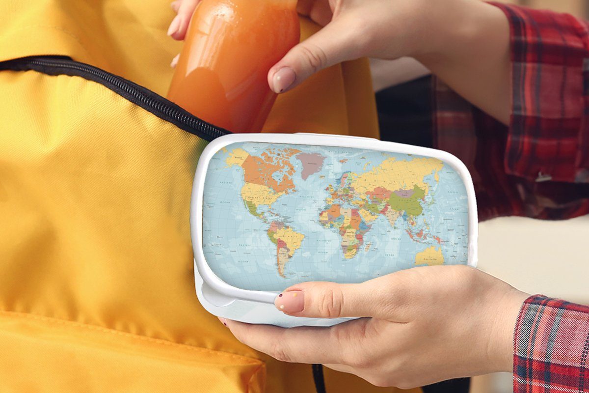 MuchoWow Lunchbox Weltkarte - Farben Brotdose, Mädchen Jungs für für (2-tlg), und Erwachsene, weiß Brotbox Atlas, Kunststoff, - und Kinder