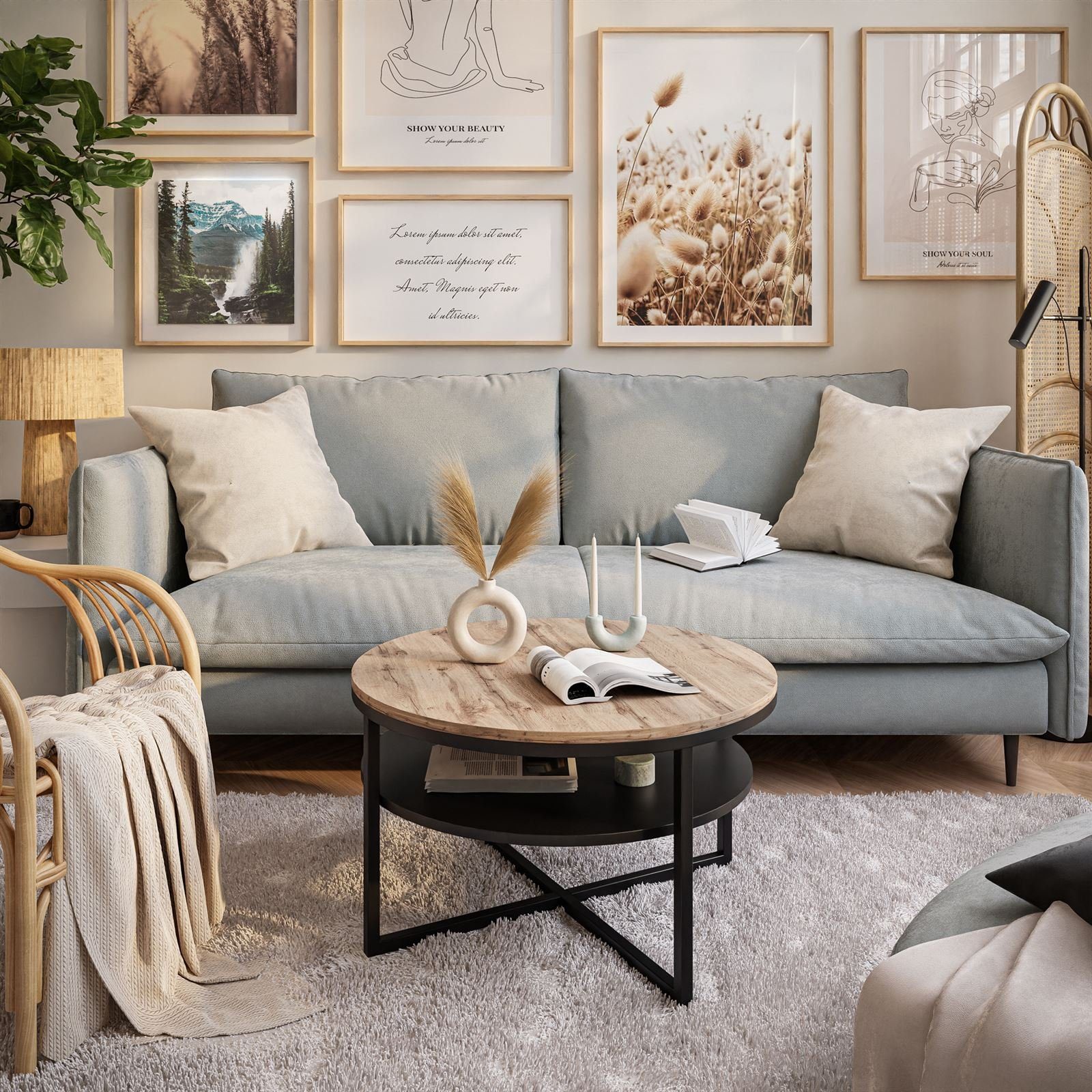 yourhouse24 Couchtisch CIRI-X runder Couchtisch mit Regal Eiche Handwerker günstig online kaufen