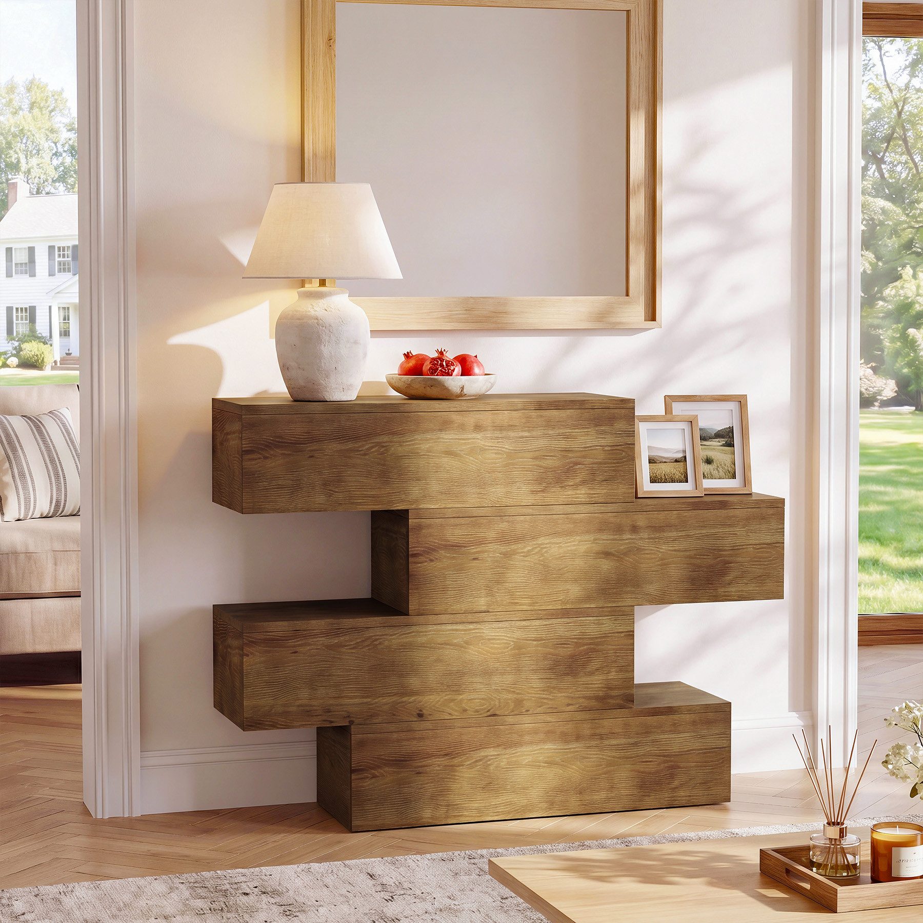Tribesigns Konsolentisch 110 cm Massivholz Flurfisch, 4-stufiger Sofatisch mit Ablagefächern – Bild 4 von 5