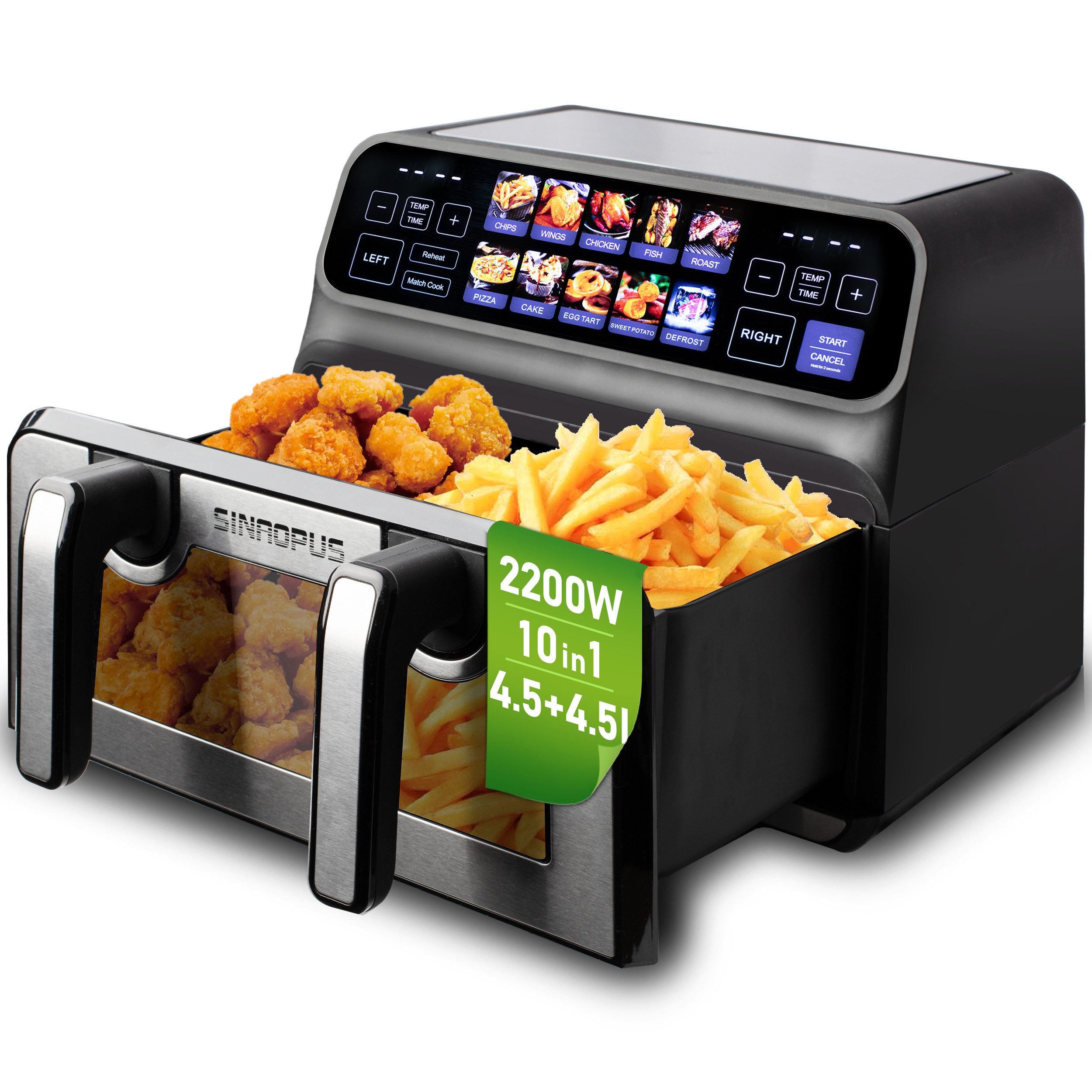 Sinaopus Heißluftfritteuse 2 Kammern, 9L Airfryer Doppelkammer Einkammer Verstellbar, 2200 W, 9L XXL Kapazität,Sichtfenster,Einzelkammer