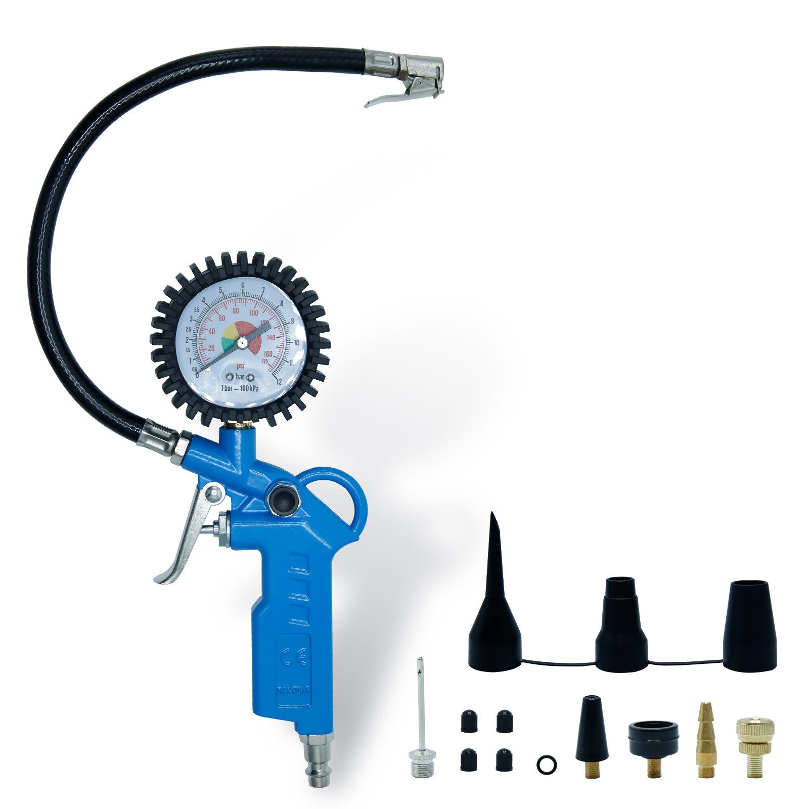 Multitool Reifendruckprüfer 3-in-1 mit Reifenfüller & Ersatzteilen