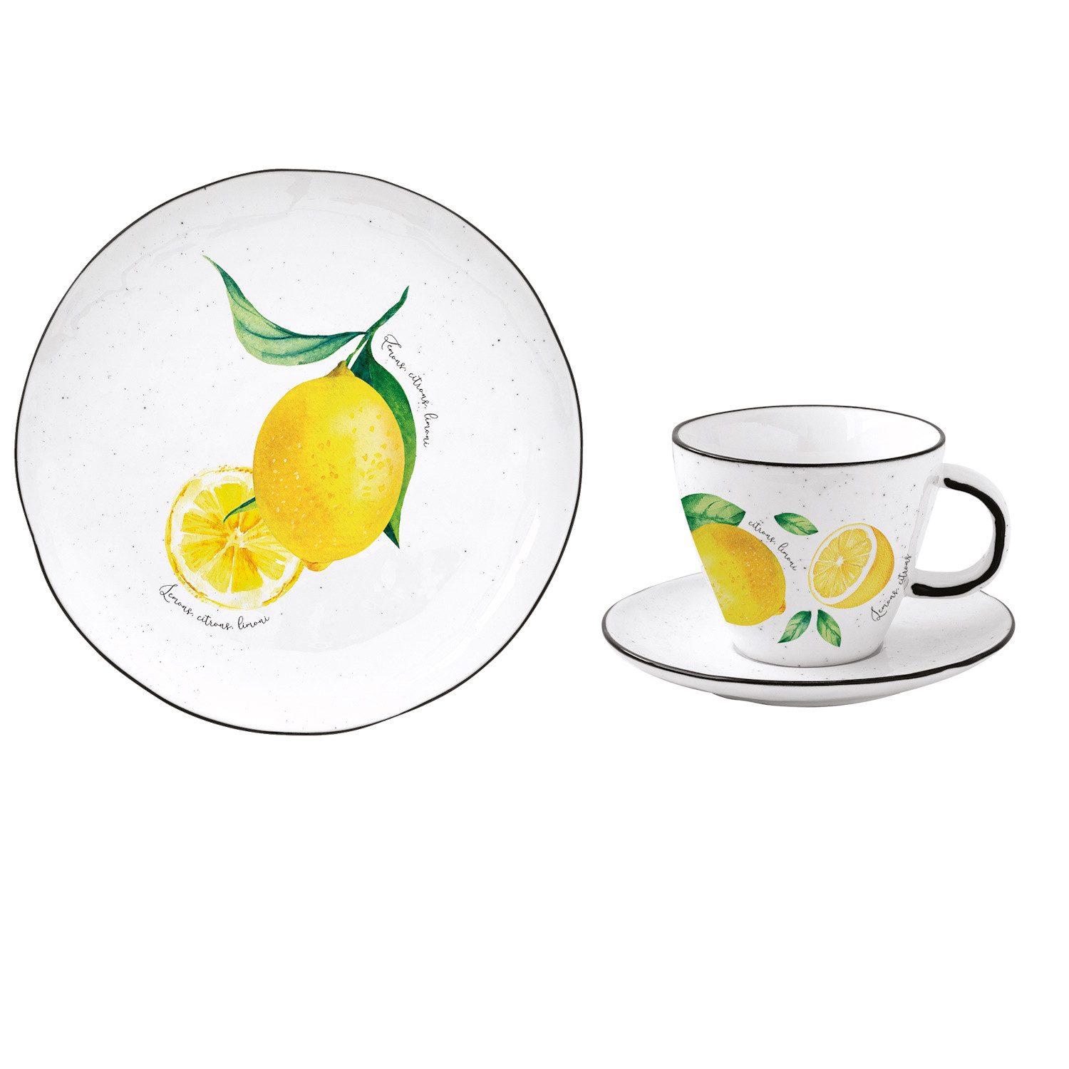 EasyLife Frühstücks-Geschirrset Amalfi, Porzellan, Spülmaschinengeeignet, Weiß, Motiv: Zitronen