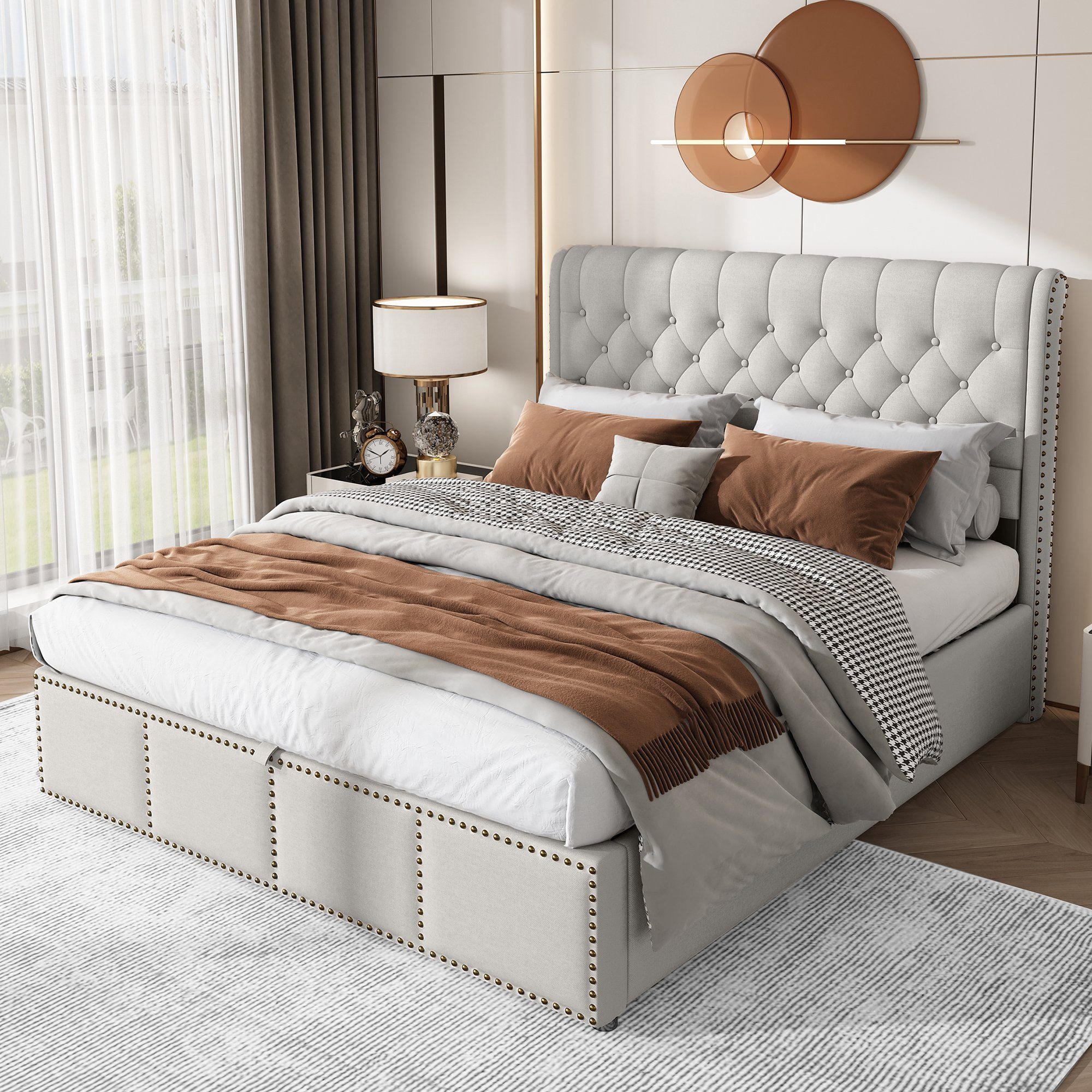 Odikalo Stauraumbett Polsterbett mit Stauraum 140/180x200 cm (Linen Doppelbett mit hydraulischem Lattenrost & gepolstertem Kopfteil in Chesterfield-Optik, Grau/WeiB, ohne Matratze)