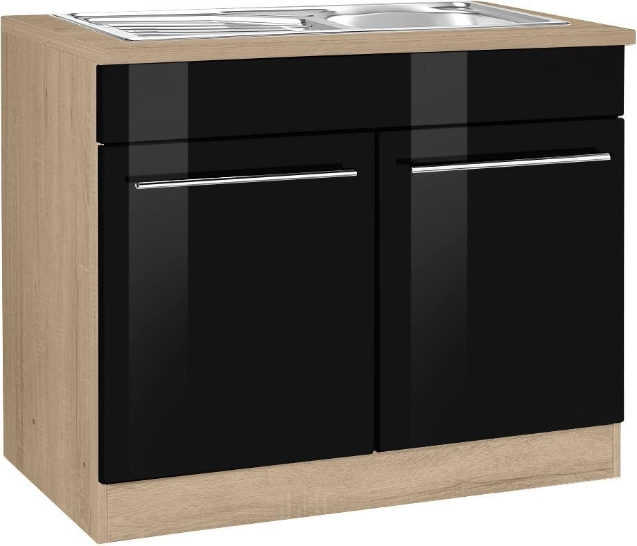 HELD MÖBEL Spülenschrank Eton Breite 100 cm Schwarz Hochglanz | eiche sonoma