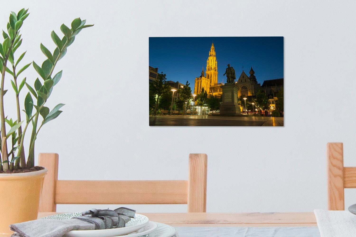 Antwerpen, Statue - OneMillionCanvasses® Nacht - Leinwandbild St), Wandbild cm (1 Leinwandbilder, Aufhängefertig, 30x20 Wanddeko,