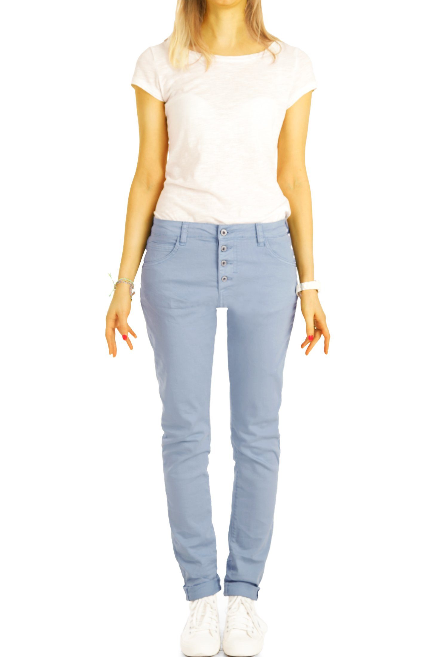 Boyfriend - weiß Stoffhose - Hose mit styled be Knopfleiste vordere Knopfleiste j30L-3 Jeans Damen Waist Medium