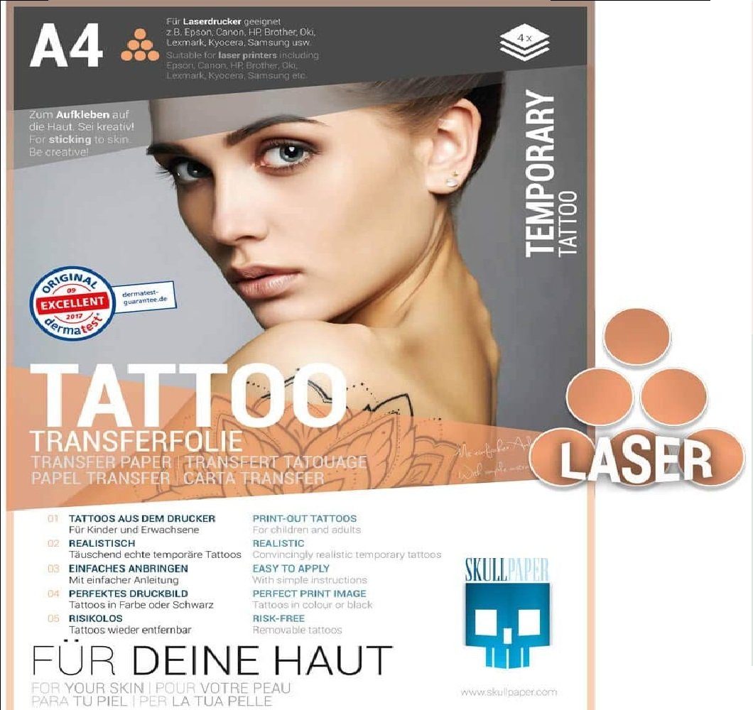 Skullpaper Dekorationsfolie Premium Tattoo Transferfolie A4 Format für Laserdrucker, (Tattoo-Transferfolie, 4St.}, 4 A4 Bögen)