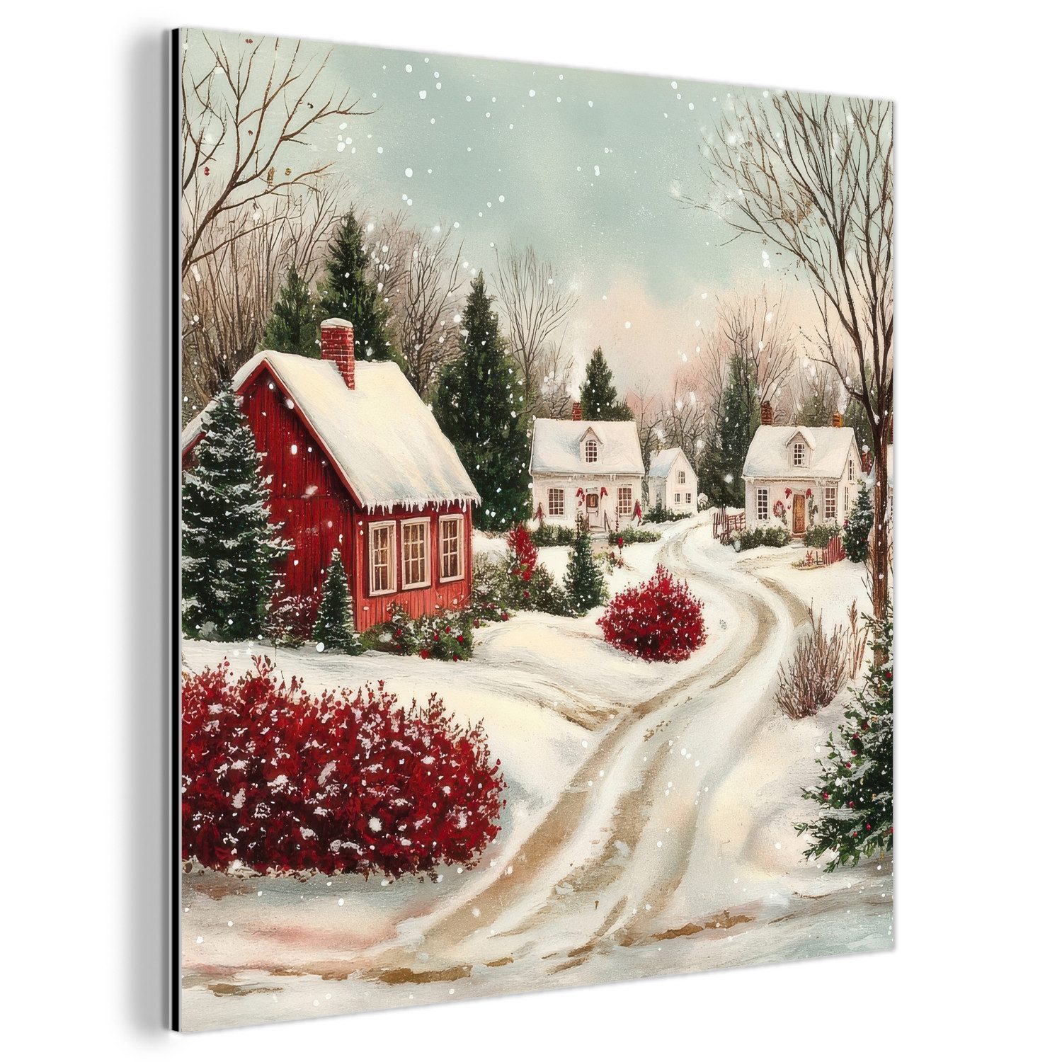 MuchoWow Metallbild Weihnachtsstimmung - Ländlich - Rot, Inkl. Aufhängung, Alu-Dibond-Druck, Wandbild aus Metall, Aluminium deko, 20x20 cm