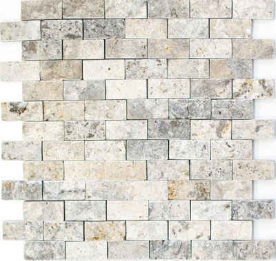 Mosani Mosaikfliesen Travertin Steinwand Steine Wand Naturstein hellgrau silber Brick