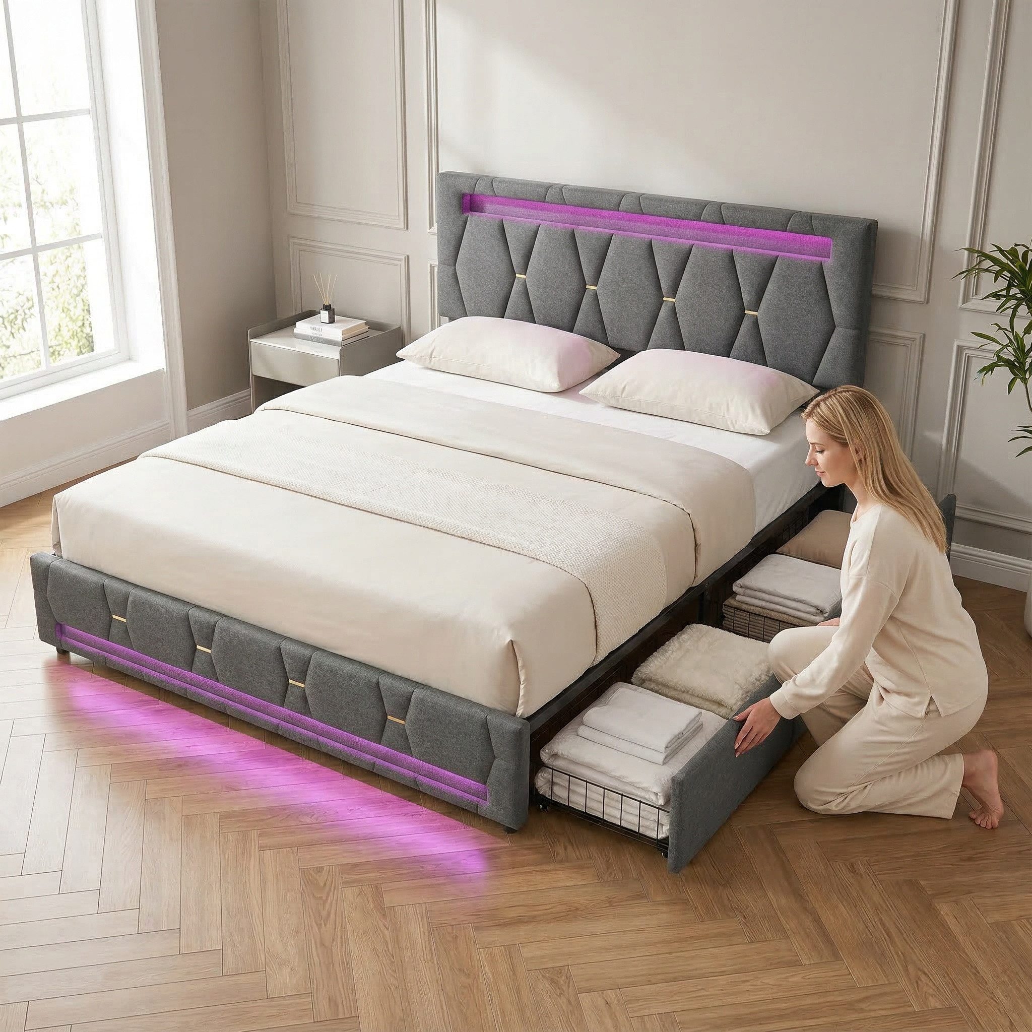 PXloue Polsterbett Doppelbett Stauraumbett mit bettkasten, mit Lattenrost und 4 Schubladen, LED-Beleuchtung, 140x200 cm