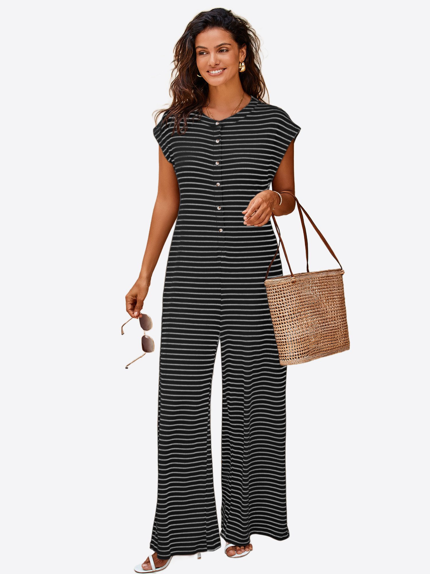 Imily Bela Jumpsuit Damen Hausanzug Homewear Gestreift Weit Bein Waffelstrick Sommer Loose (Packung, 1-tlg., 1per-Pack) mit Knopfleiste gehäkelt