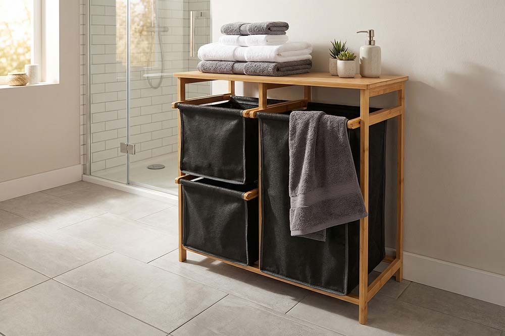 riess-ambiente Wäschekorb LAGOON SPA 70cm natur/grau – Bambus-Massivholz, 3 Wäschebeutel, FSC (Einzelartikel, 1 St), Wäschesammler mit ausziehbaren Säcken – ide – Bild 4 von 5