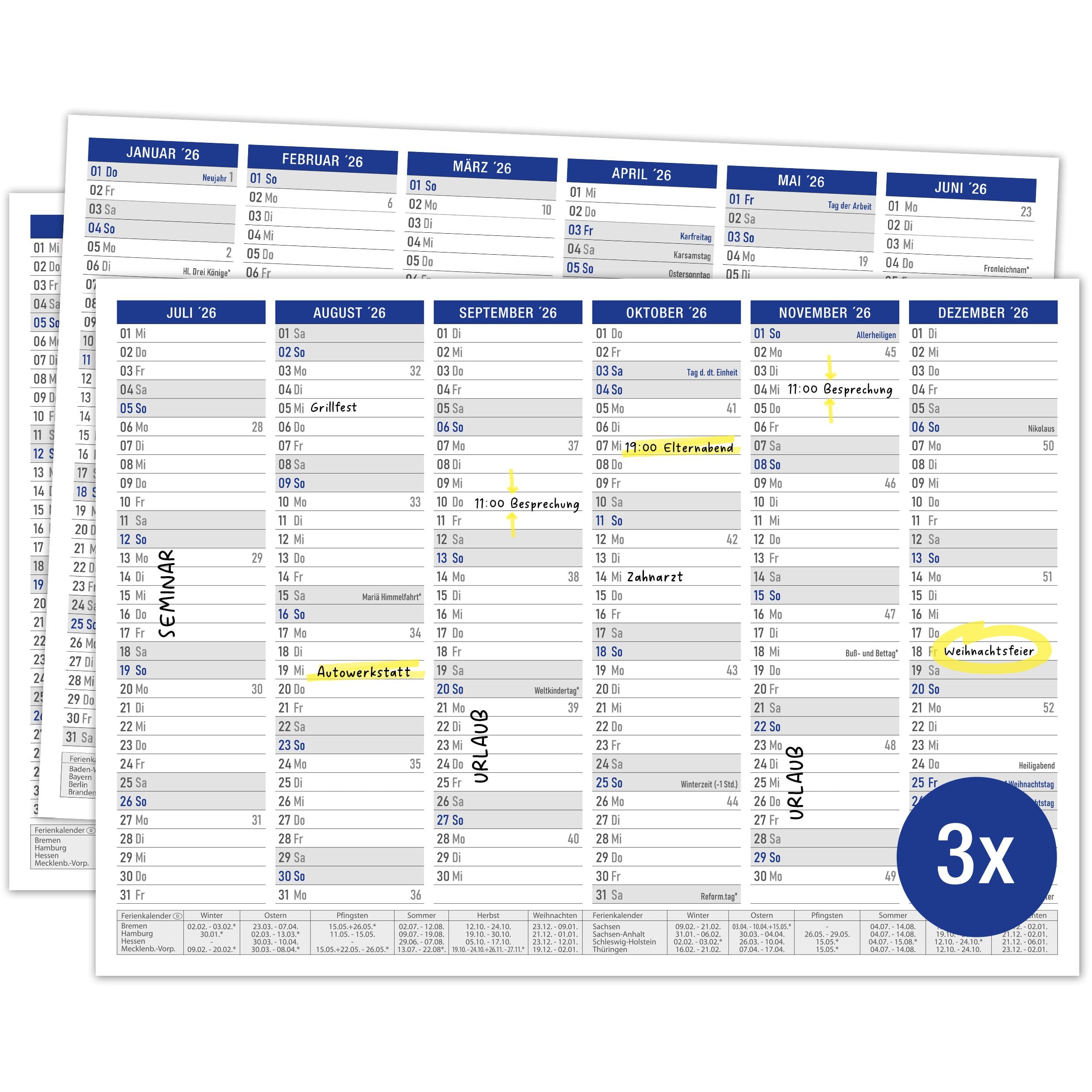 TOBJA Wandkalender A4 Tafelkalender Blau 2026 3er Set, Wandkalender, Jahresplaner, Schulferien, Feiertage, Kalender 2026