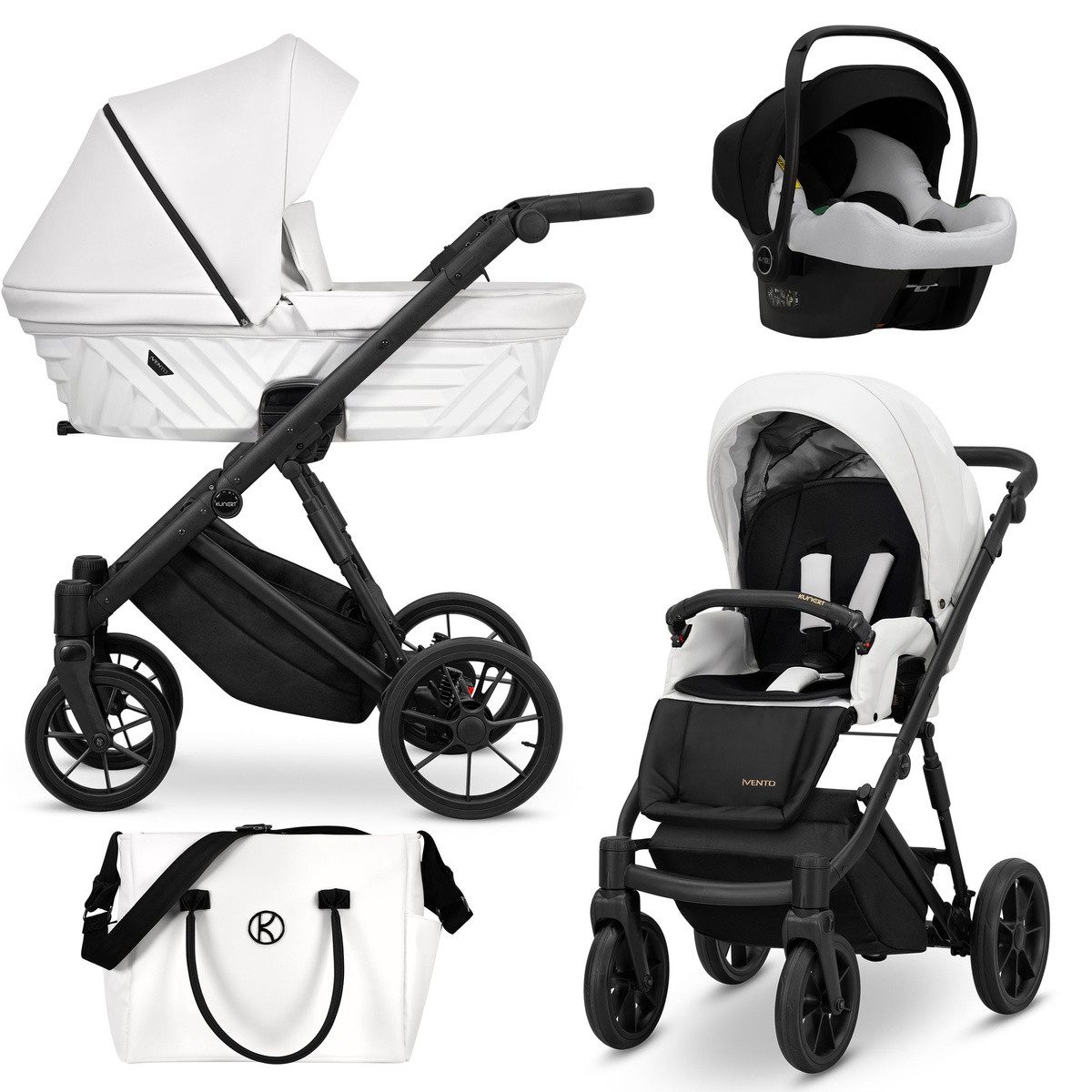 KUNERT Kombi-Kinderwagen IVENTO 3in1 Kinderwagen mit schwarzem Rahmen und Zubehör, 2in1-Set mit Tragetasche, Sportsitz und funktioneller Tasche