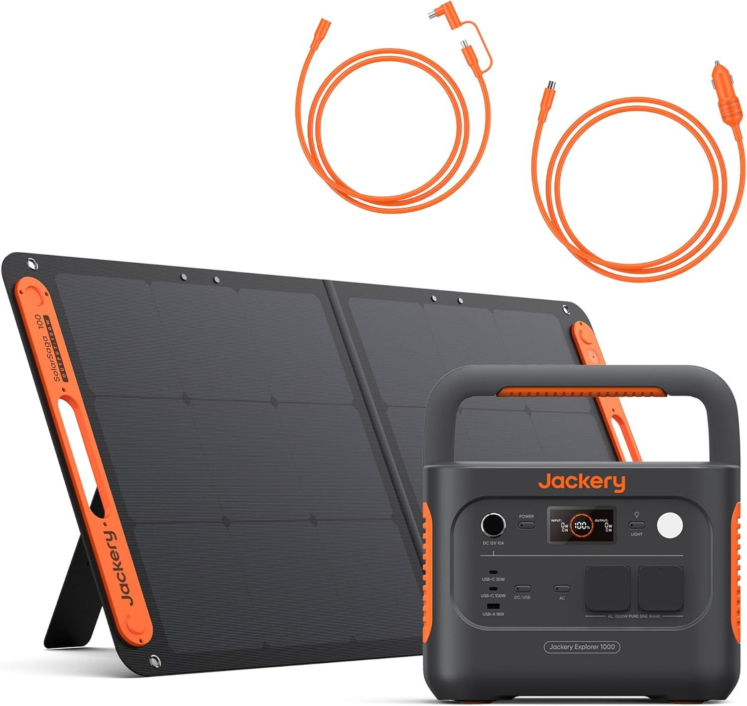 Jackery 1000 v2 Powerstation mit 100W Solarpanel & 5 m Verlängerungskabel & DC8020 Kfz-Ladekabel 30400 mAh (12, 230 V), 1070Wh/1500W Std. Schnellladung, für Camping & Notfall