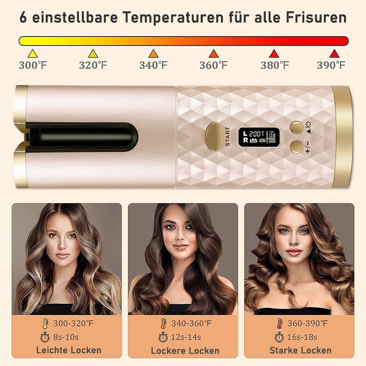 autolock Lockenstab Lockenstab kabelloser Automatischer Lockenstab Tragbarer , USB-Lade Lockenstab Einstellbare Temperatur, mit LCD-Display