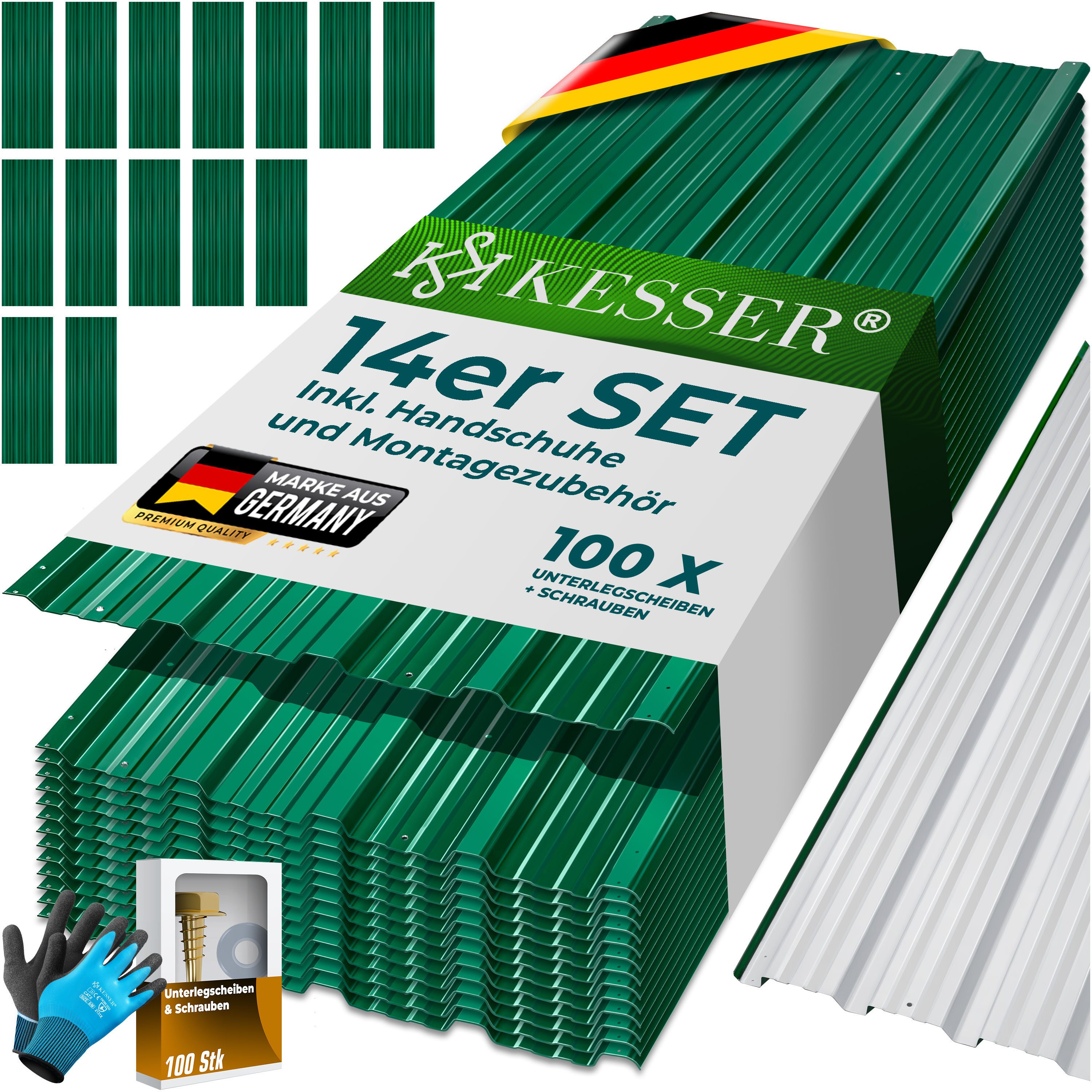 KESSER Trapezblech 14x Profilblech 110cm x 46cm = 7 m², Metall, (14er Set Dachbleche für Gerätehaus inklusive Montagehandschuhe) Dachplatten aus verzinktem Stahl 0,25mm