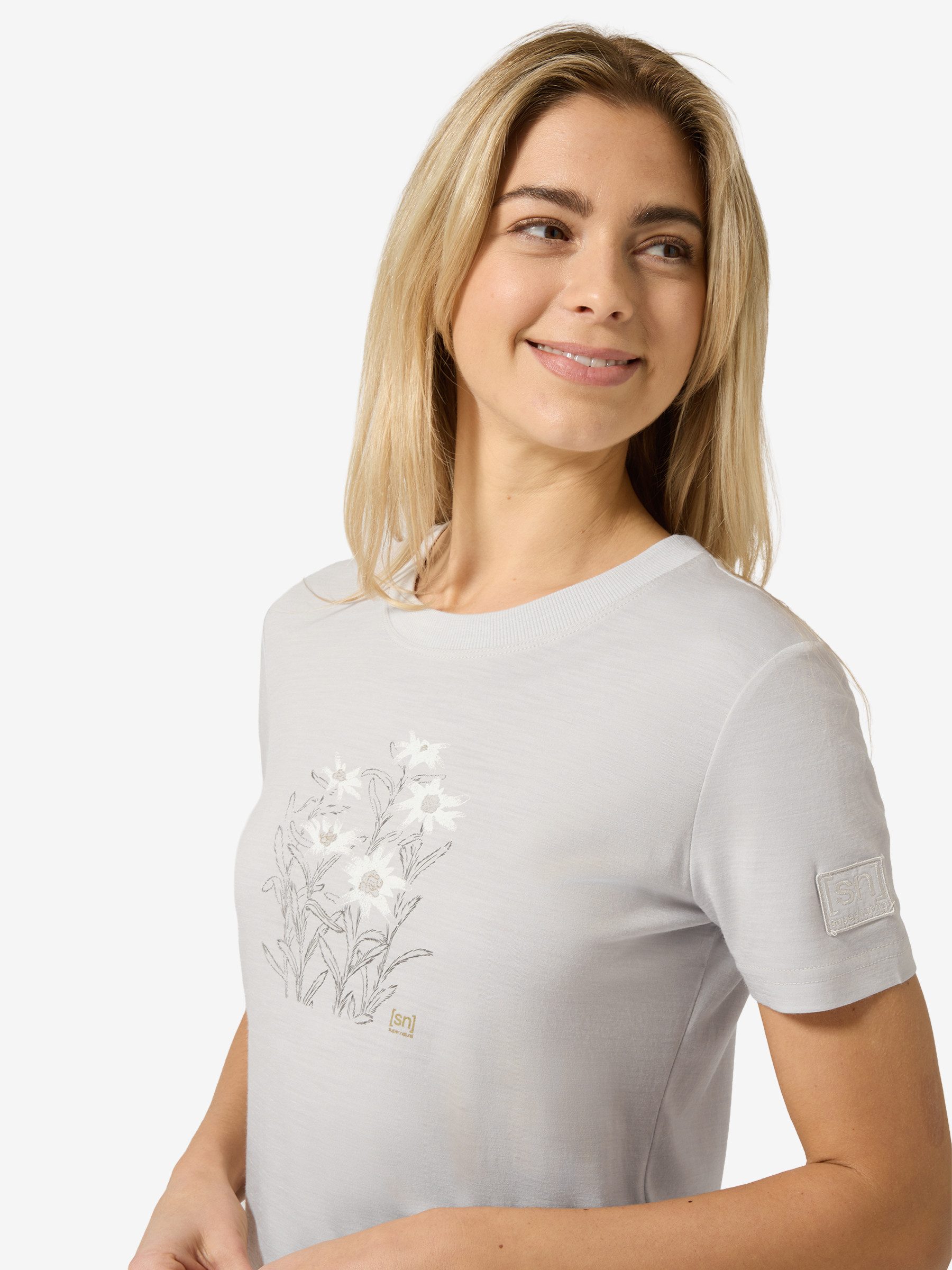 SUPER.NATURAL T-Shirt für Damen,nachhaltig, Merino mit Blumen-Motiv, atmungsaktiv
