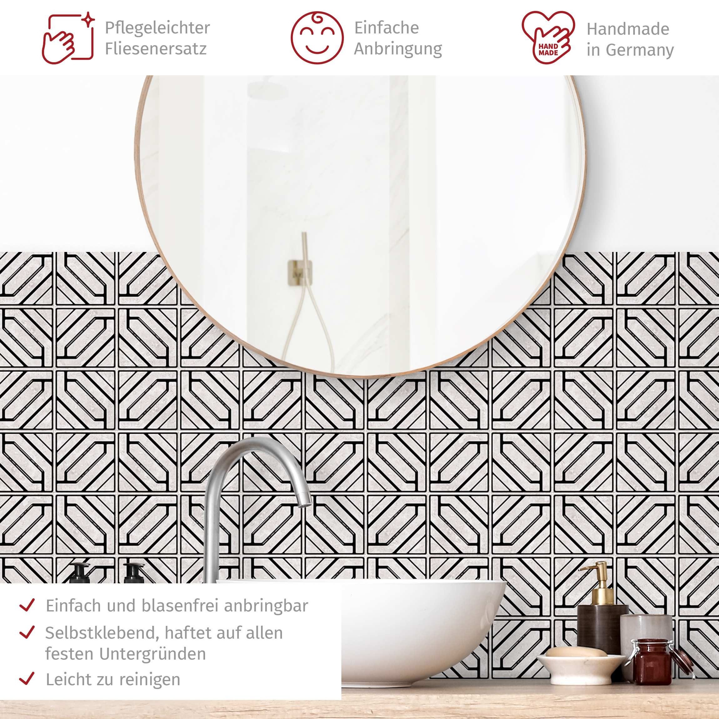 Bilderdepot24 Badrückwand schwarz fugenlose Wandverkleidung Bad Illustration, (Hartfolie matt » Selbstklebend SMART 0,35 mm), wasserfestes Wandpaneel Fliesenmuster Rauten Geometrie schwarz