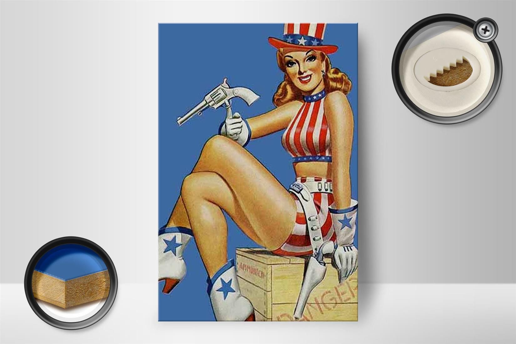Femer GmbH Holzbild Pin Up 12x18 cm danger Cowgirl USA Pistole, Waffen (1 St), Glatte Holzfaserplatte (MDF), vorn beschichtet